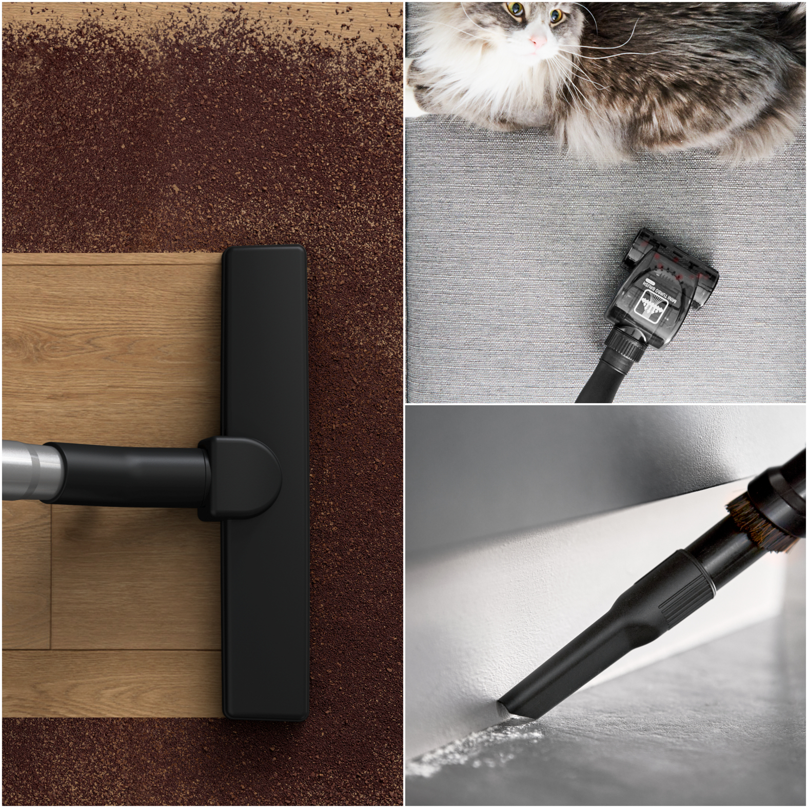 Trzy obrazy: głowica odkurzacza na drewnianej podłodze, szczotka na szarej kanapie, dysza na białej ścianie.