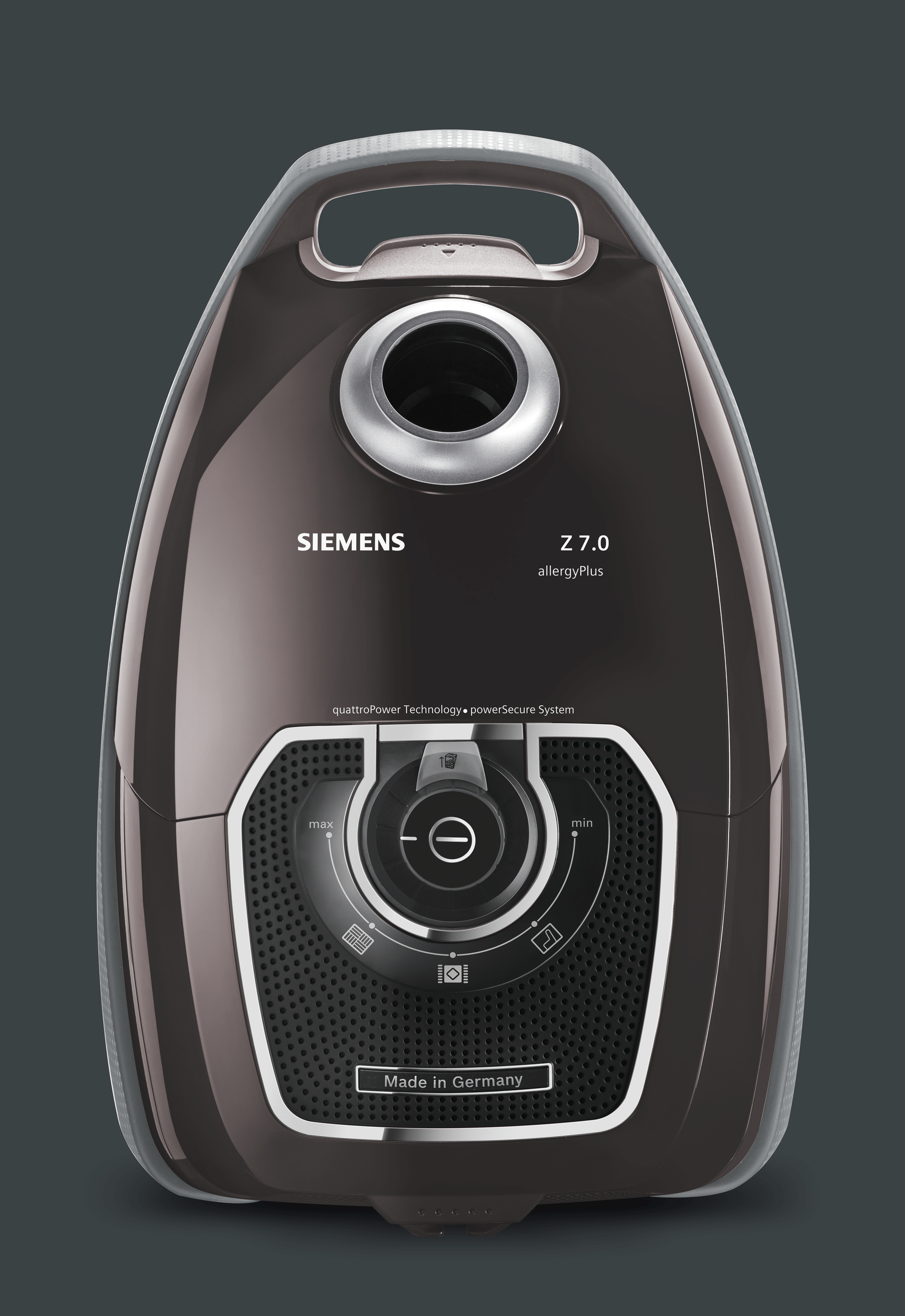 Brauner Siemens Staubsauger, Modell 77.0. Schwarze Frontplatte.