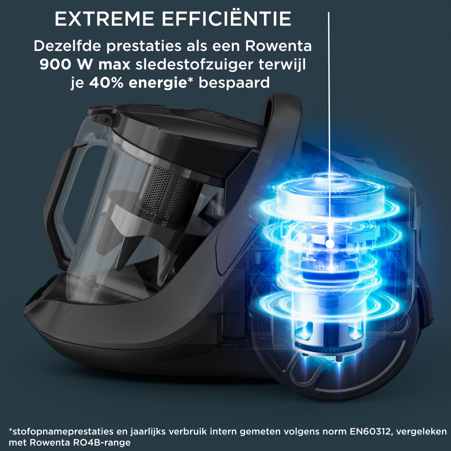 Czarny odkurzacz z przezroczystym pojemnikiem na kurz, z niebieskimi efektami energetycznymi.