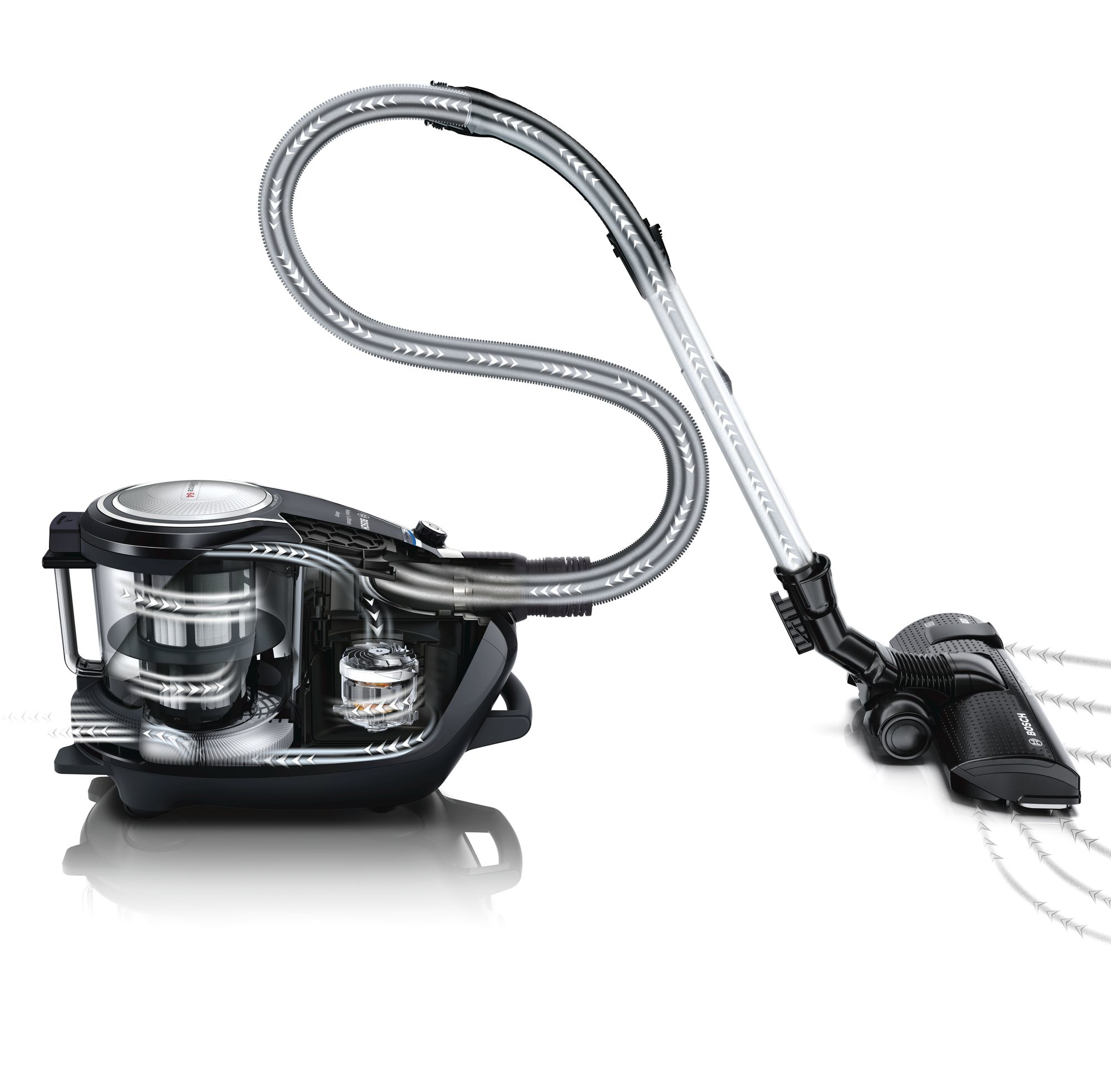 Czarny przekrój odkurzacza, szary wąż, białe tło.