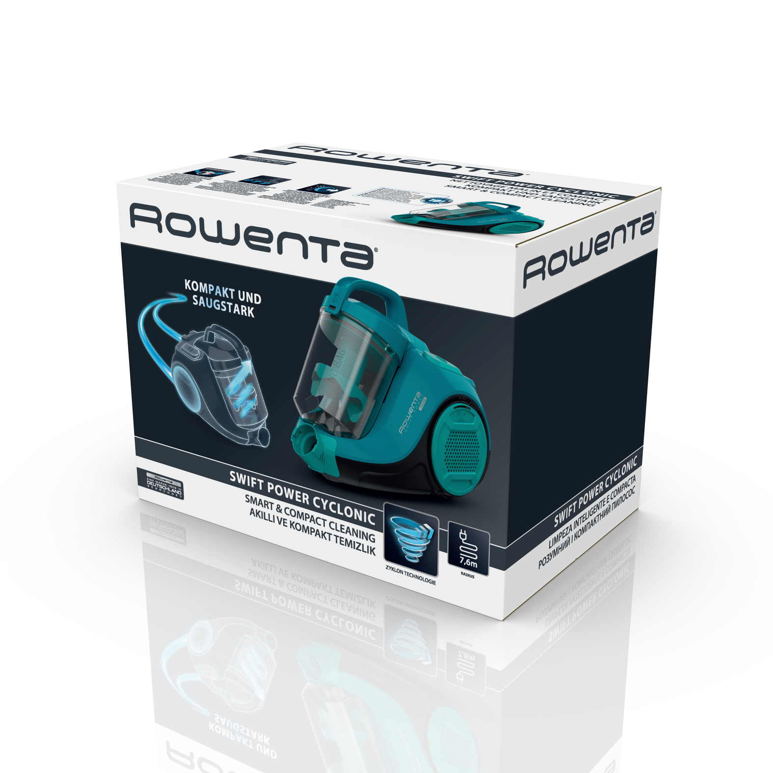 Una scatola dell'aspirapolvere Rowenta Swift Power Cyclonic. È visibile una grafica dell'aspirapolvere.