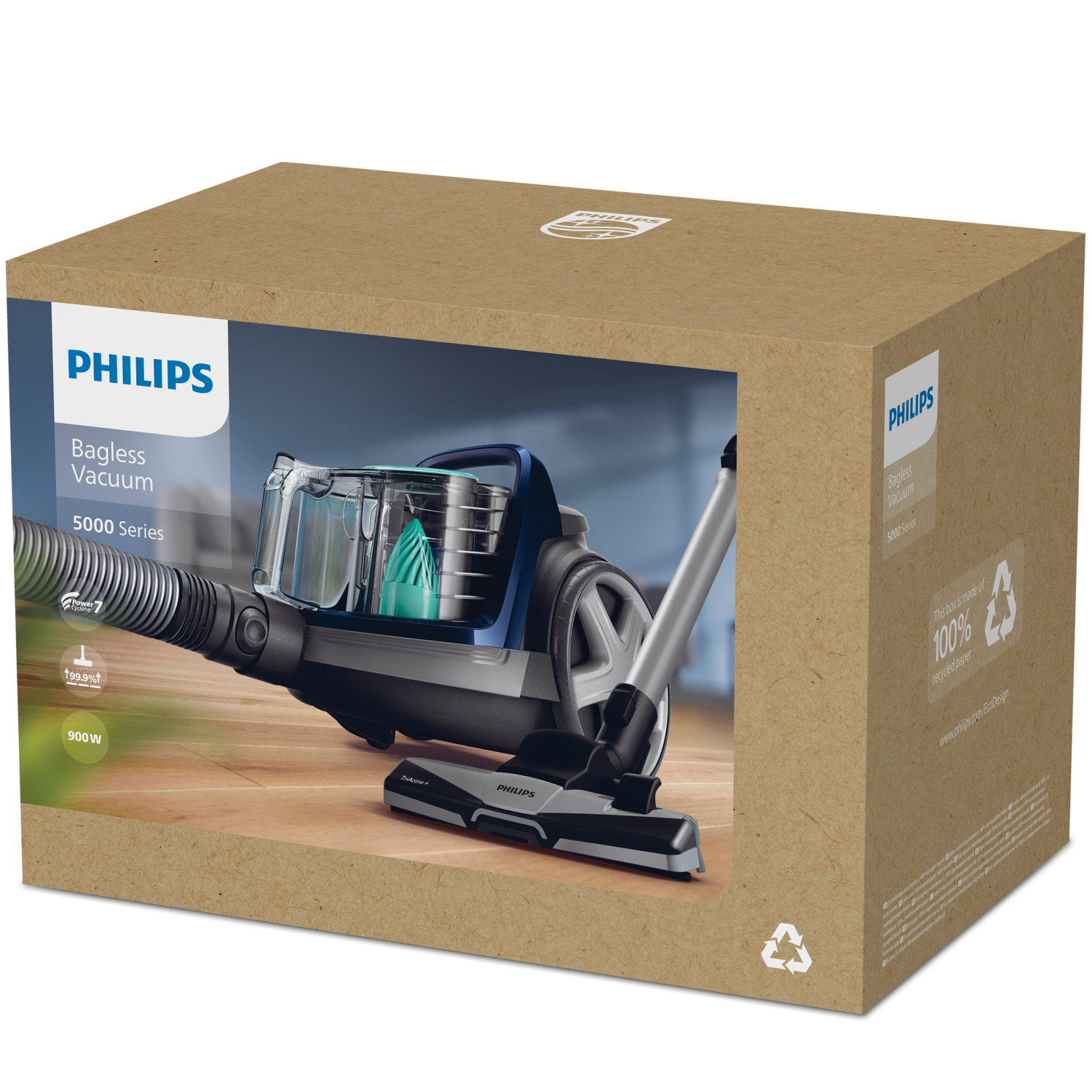 Karton einer Philips beutellosen Staubsaugers. Die Box trägt den Produktnamen.
