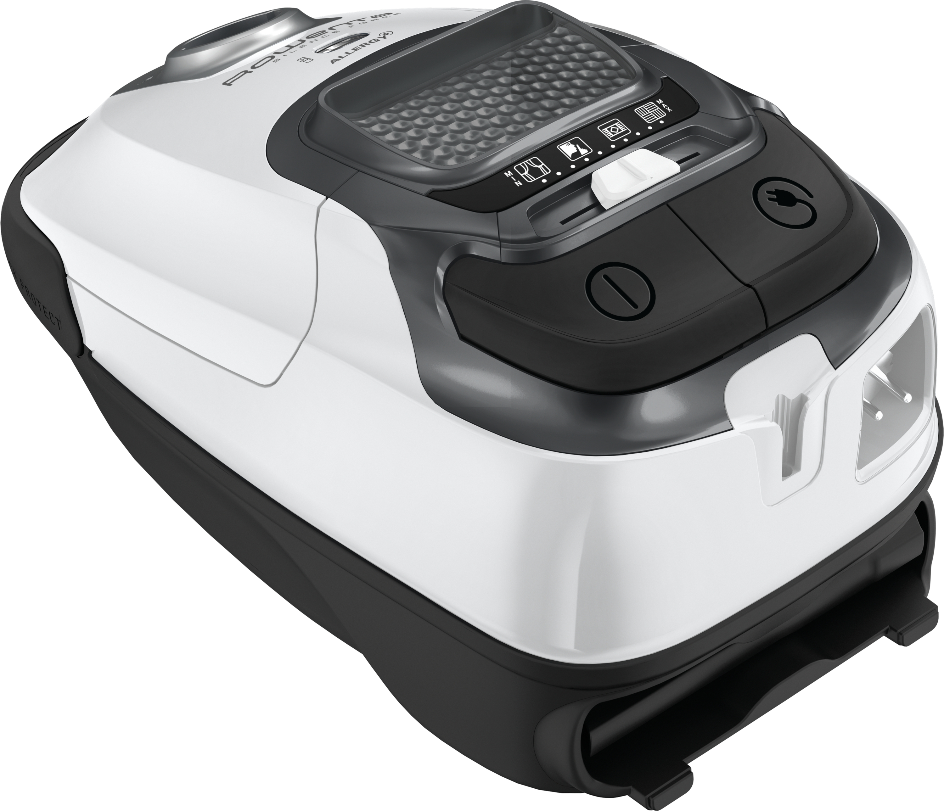 Biało-czarny odkurzacz. Widok z góry z przyciskami i przewodem zasilającym.