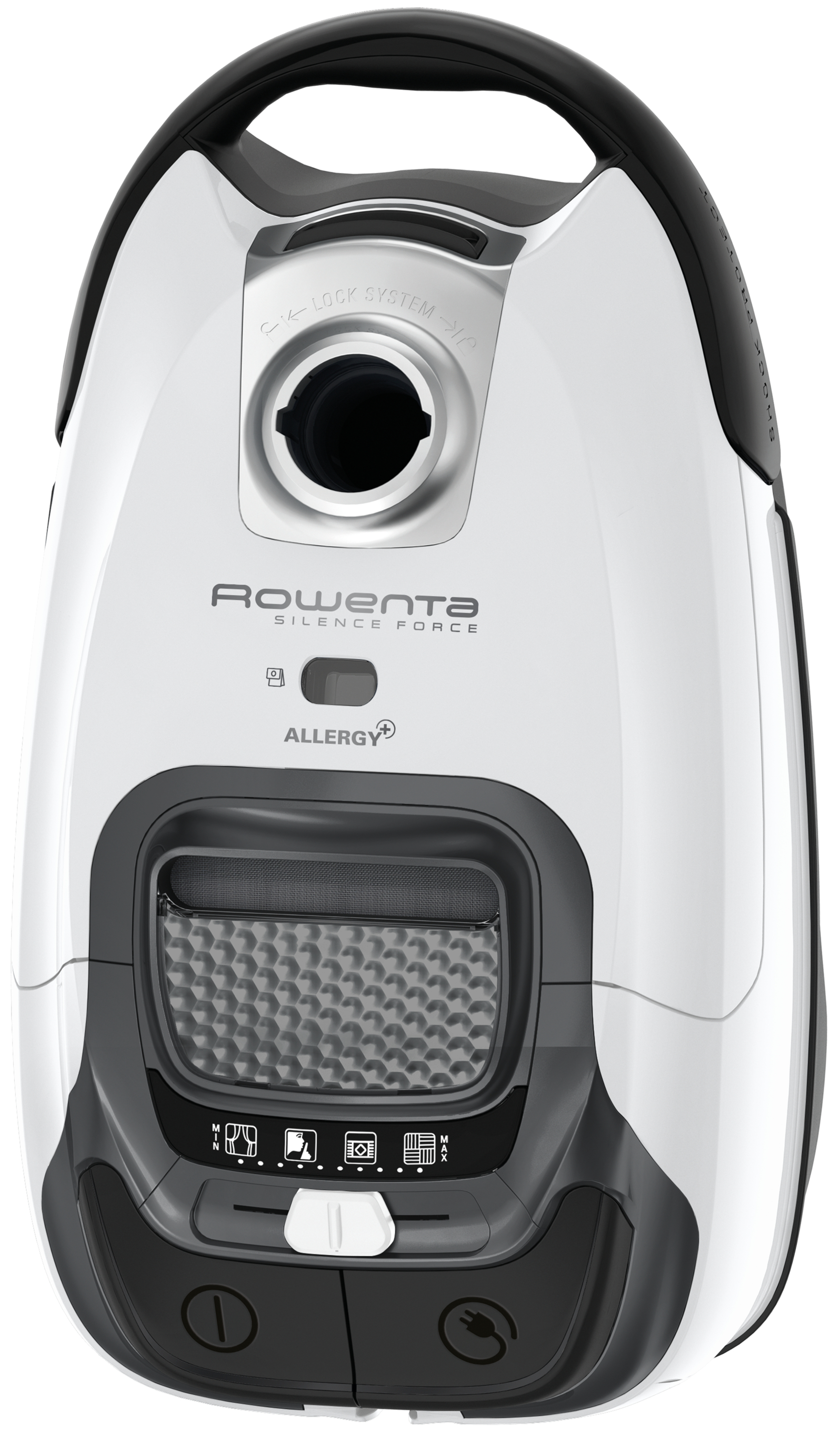 Biało-szary odkurzacz z czarnym uchwytem i detalami. Zawiera logo Rowenta.