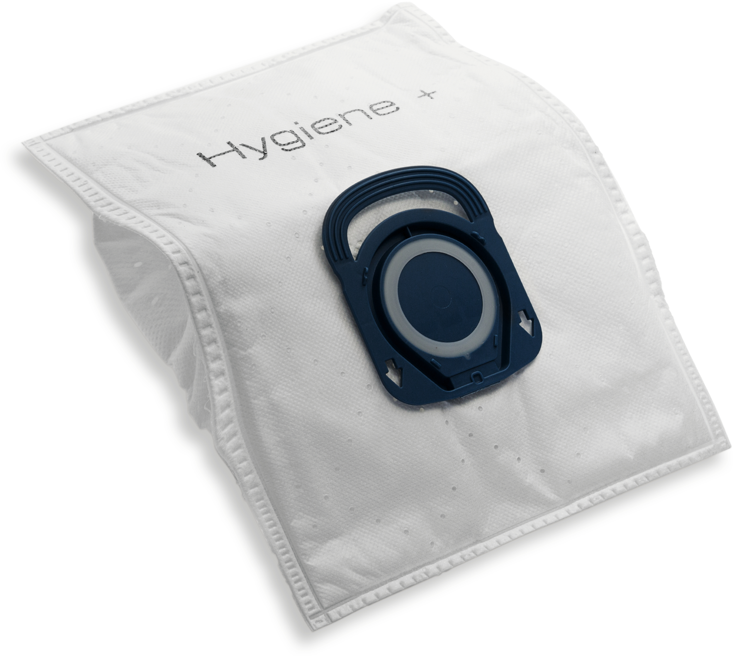 Biały worek do odkurzacza z niebieskim plastikowym mocowaniem i napisem Hygiene+.