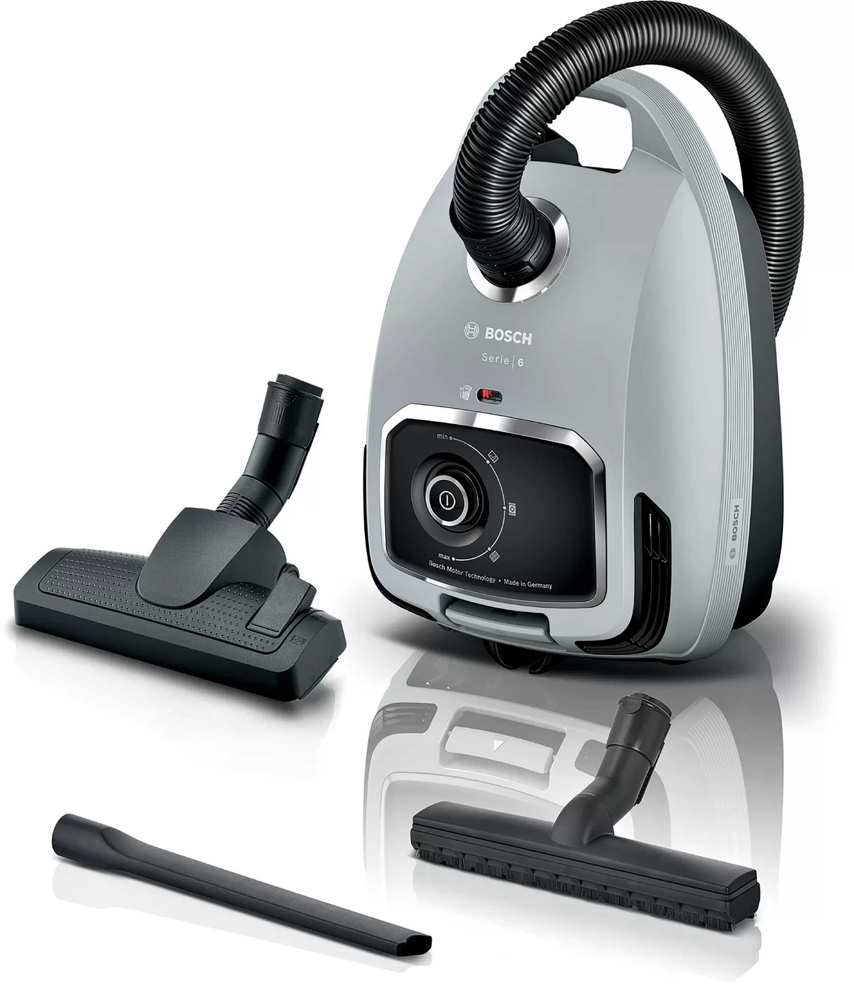 Aspirapolvere Bosch grigio con accessori. Nero e grigio.