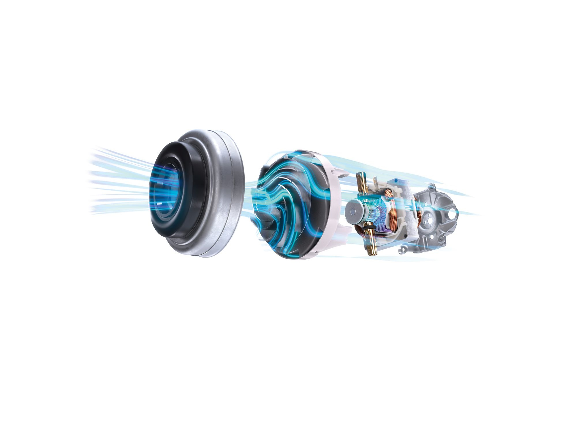 Exploded view of a vacuum cleaner motor with air flow visualization.