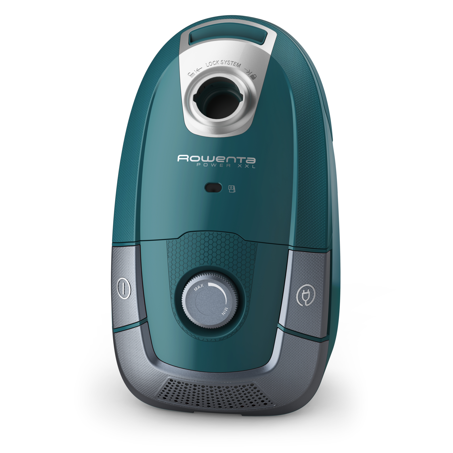 Turkusowy odkurzacz z szarymi akcentami, białe tło.