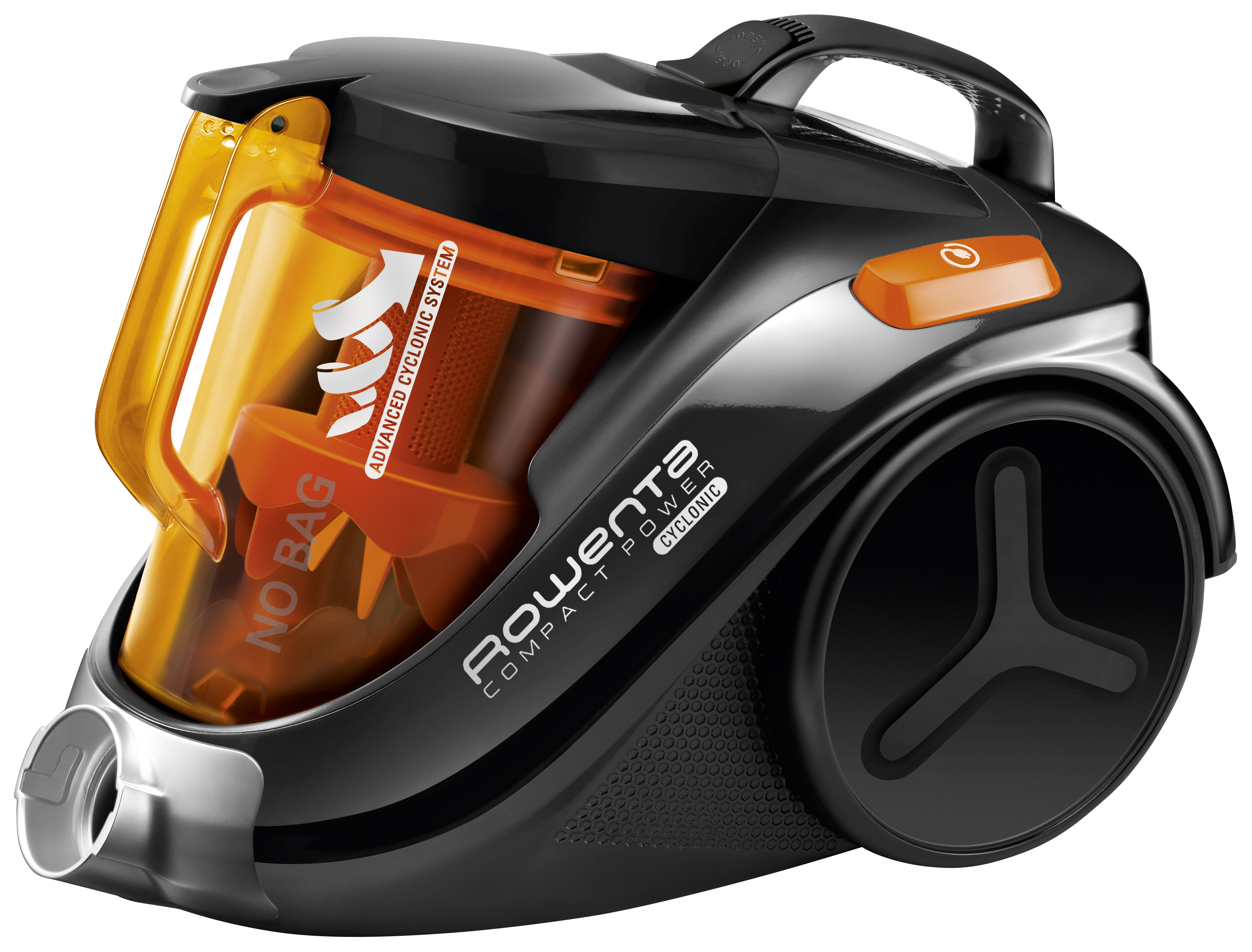 Czarno-pomarańczowy odkurzacz Rowenta z przezroczystym pojemnikiem na kurz.