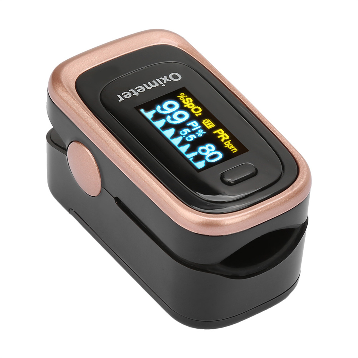 Ein kleines schwarzes Oximeter mit goldfarbener Oberseite, das eine digitale Anzeige mit Sauerstoffsättigung und Pulsfrequenz zeigt.