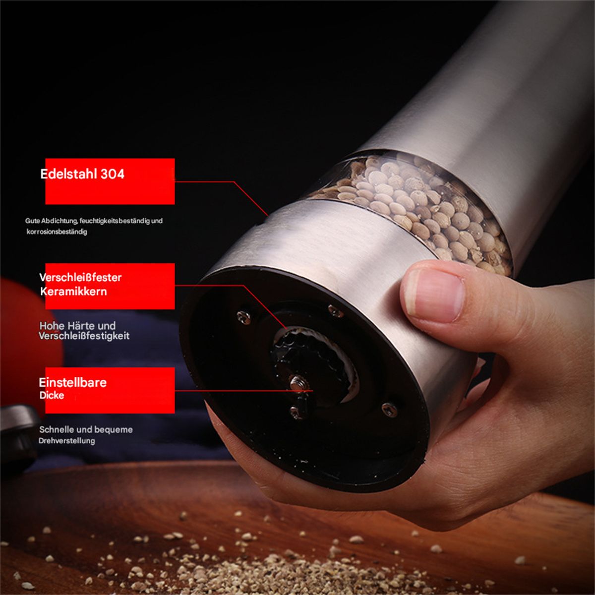 Nahaufnahme einer Pfeffermühle mit Beschriftungen, die auf Merkmale und Materialien hinweisen.
