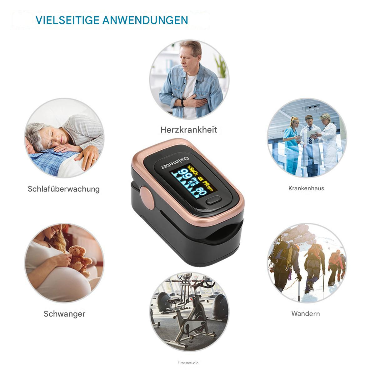 Oximeter mit Bildern verschiedener Anwendungen: Herzkrankheit, Schlafüberwachung, Krankenhaus, Schwangerschaft und Wandern.