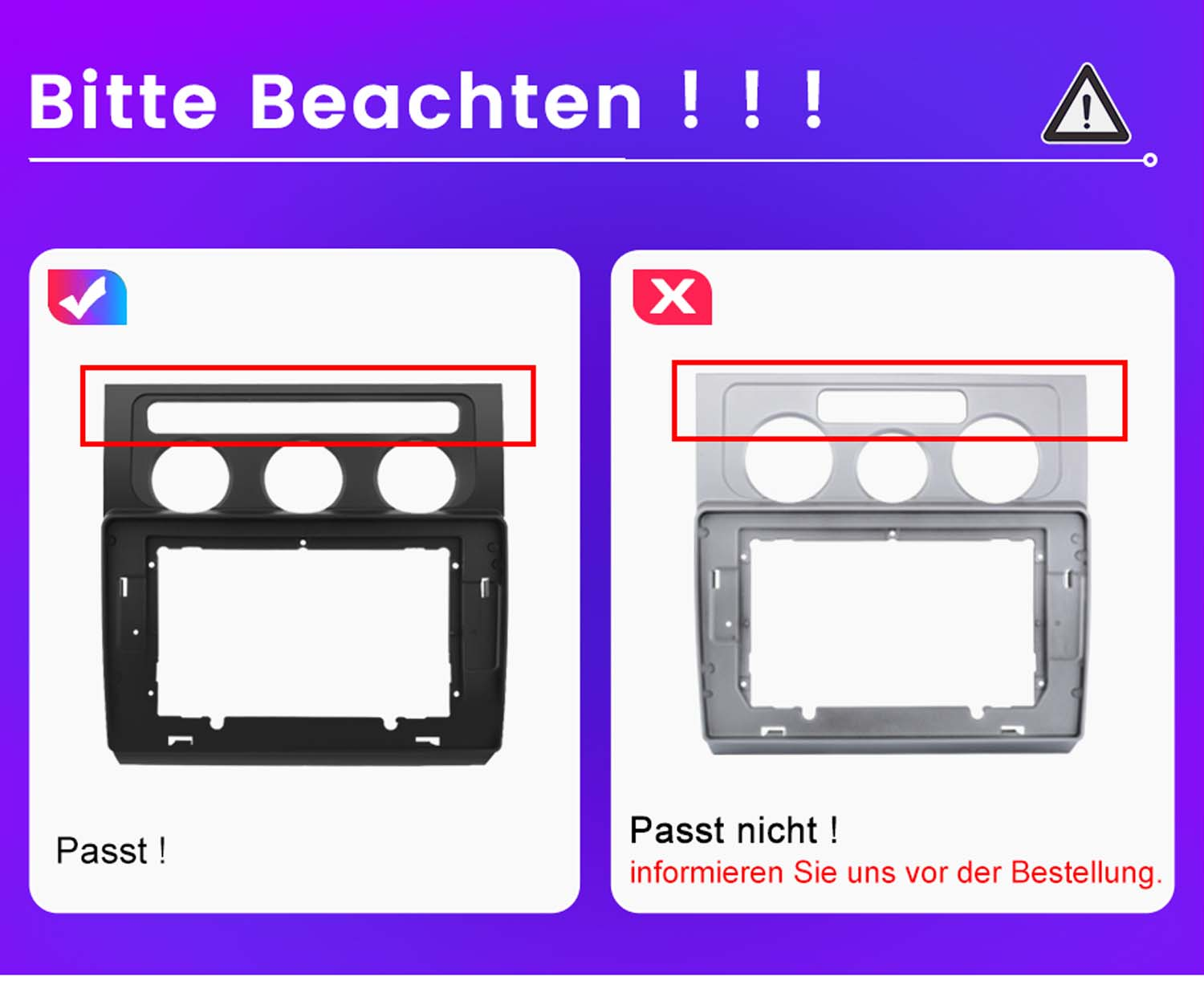 Zwei Diagramme, die einen Autoradio-Rahmen zeigen, einer korrekt, einer inkorrekt, mit deutschem Text.