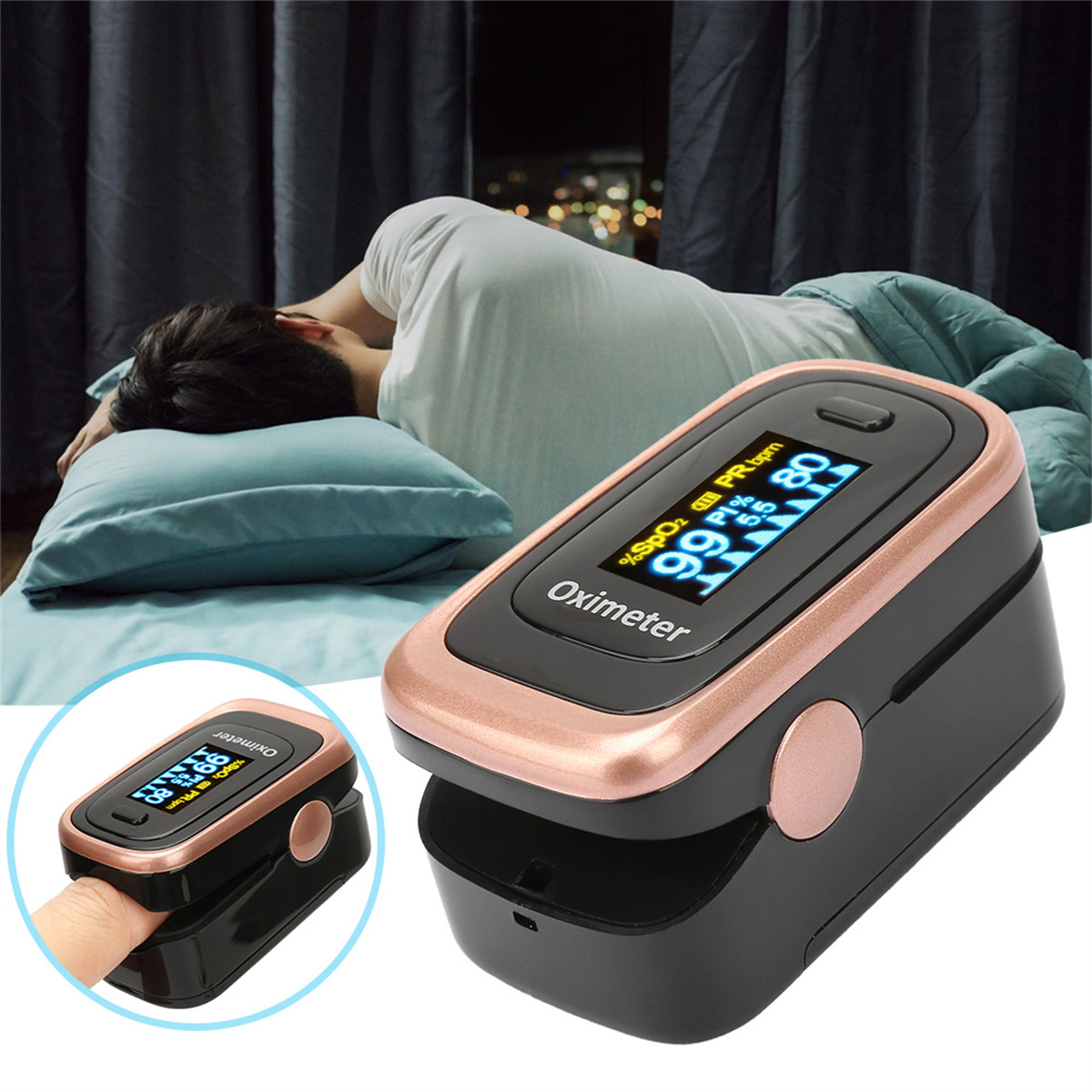 Oximeter am Finger, Person schläft im Bett im Hintergrund. Oximeter hat einen Bildschirm mit Werten.