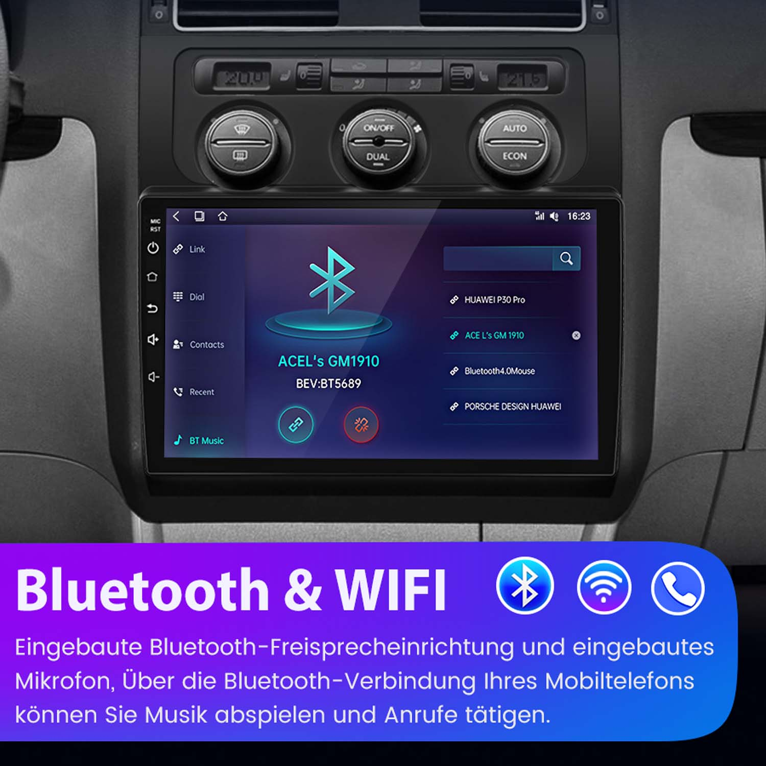 Ein Autoradiosystem, das Bluetooth- und WLAN-Einstellungen mit einer blauen Grafik anzeigt.