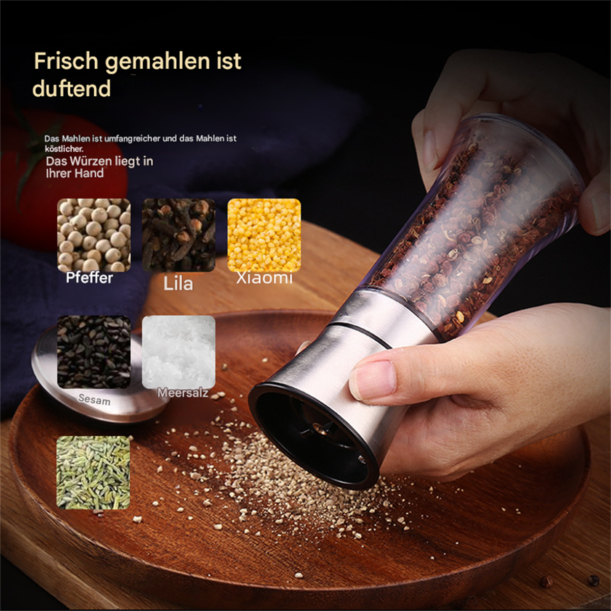 Hand hält eine Gewürzmühle mit Zutaten. Text auf Deutsch beschreibt die Verwendung von Gewürzen.