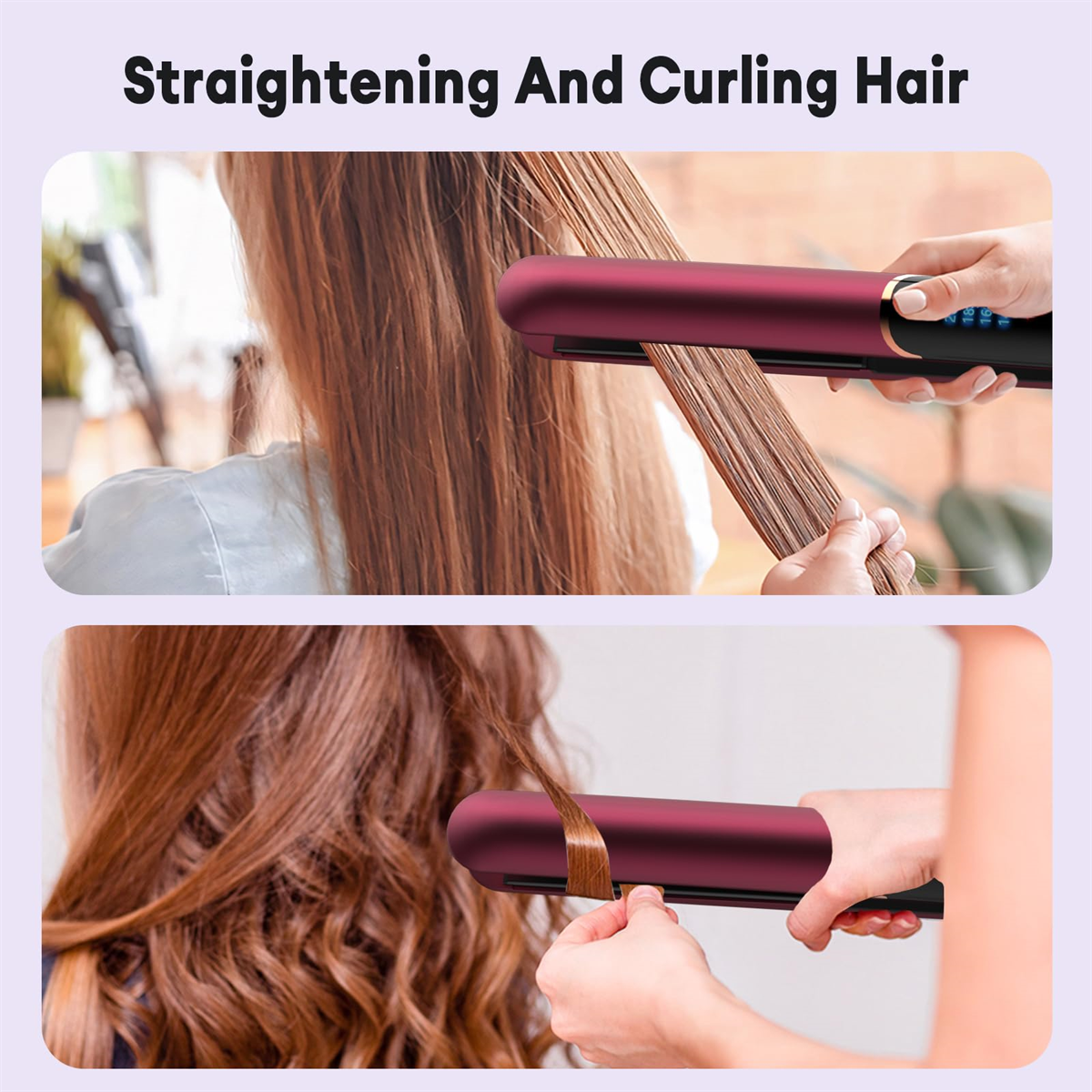 Zwei Bilder von Haarglättung und -styling mit einem Styling-Tool.
