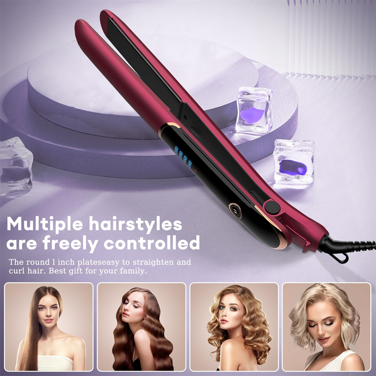 Ein rotes Glätteisen mit Digitalanzeige und Bildern von Frauen mit verschiedenen Frisuren.