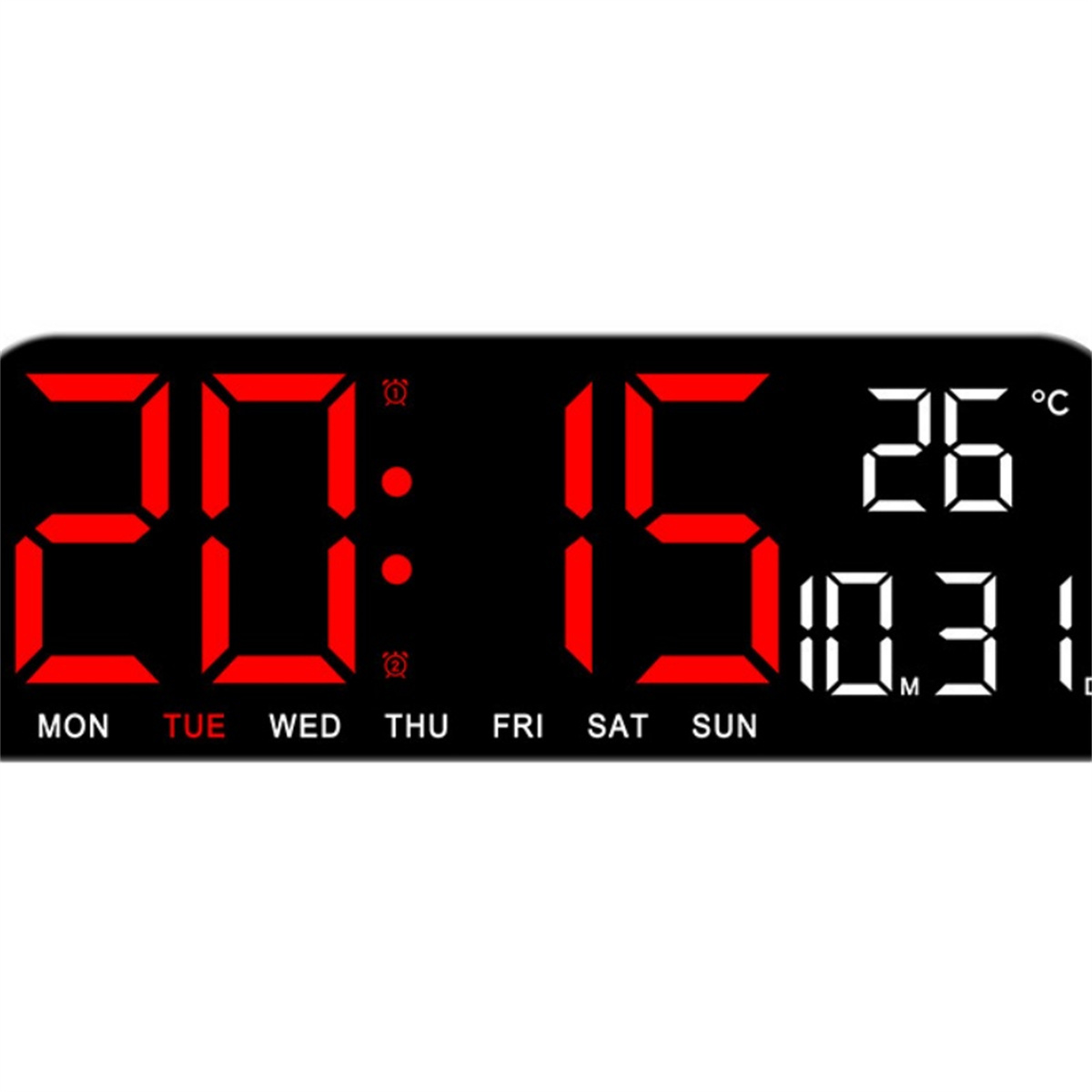 Digitaler Wecker mit Anzeige 20:15, Datum und Tag. Rote Zahlen auf schwarzem Hintergrund.