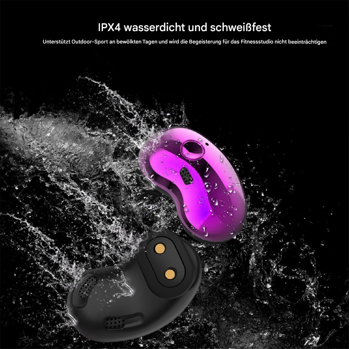 Zwei lila und schwarze Ohrhörer im Wasser. Schwarzer Hintergrund.