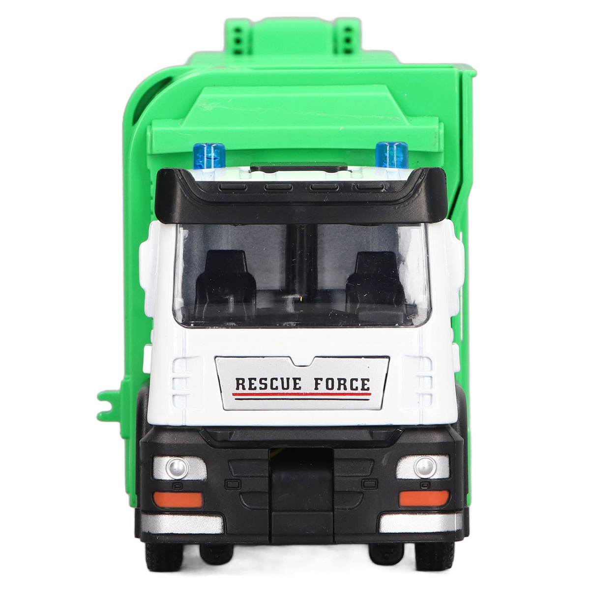 Grüner Spielzeug-Müllwagen mit weißer Front und Text 'Rescue Force'. Blaue Lichter oben.