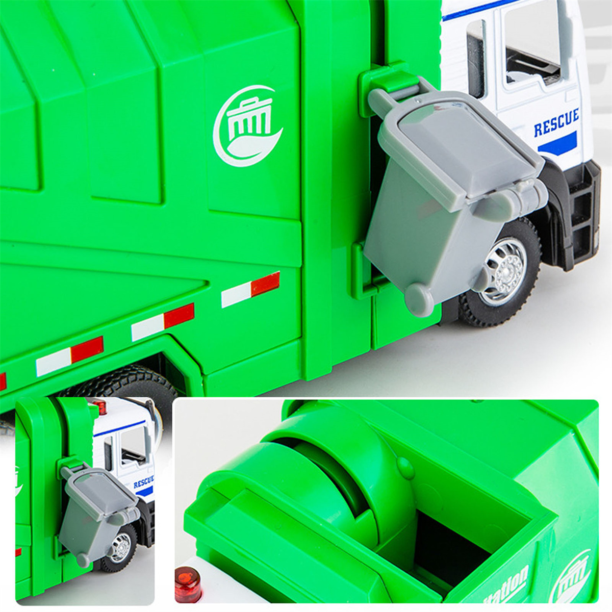 Grüner Spielzeug-Müllwagen mit grauer Tonne. Nahaufnahme. Weißer Hintergrund. Text 'Rescue' auf dem LKW.