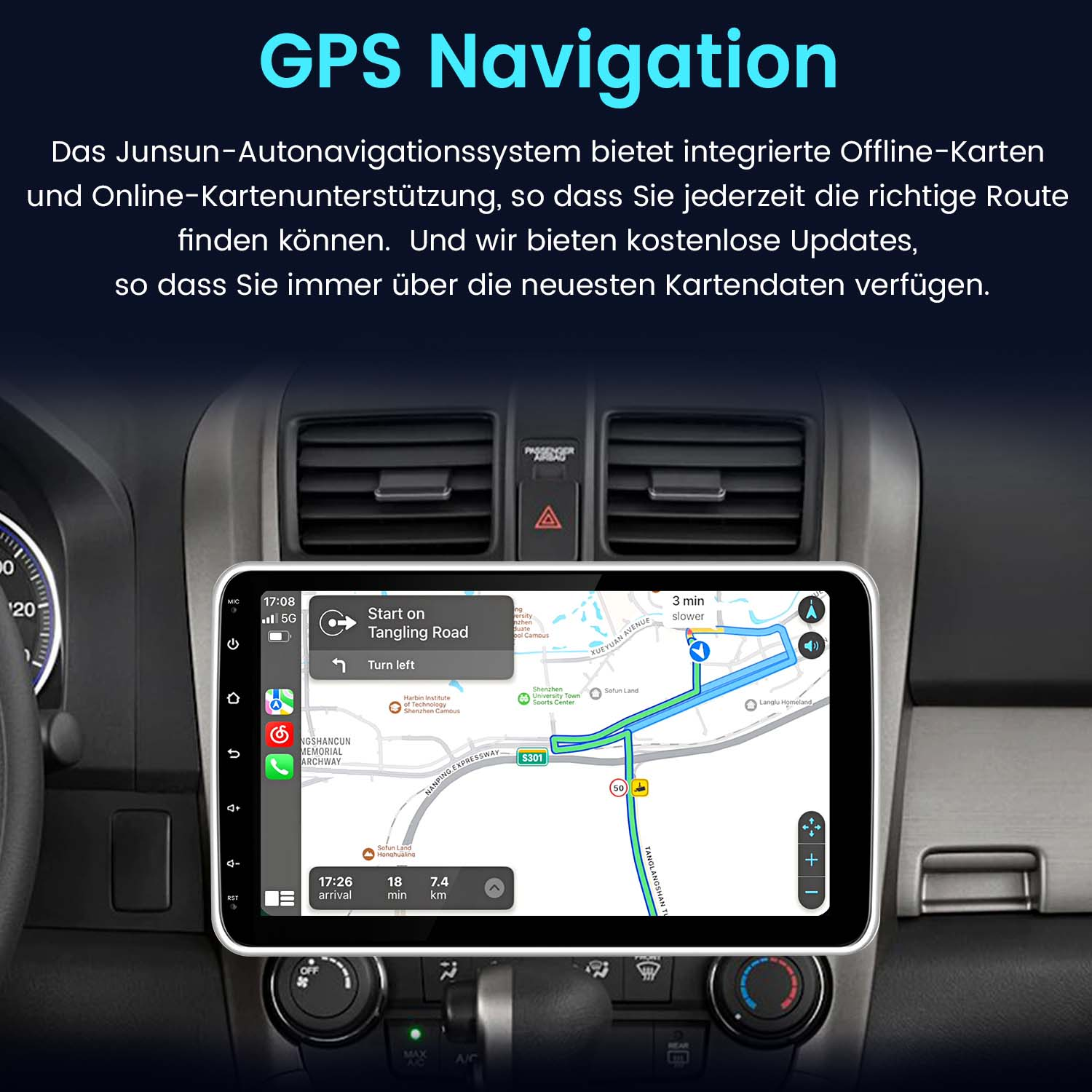 Deska rozdzielcza samochodu z ekranem nawigacji GPS, pokazującym mapę i wskazówki.