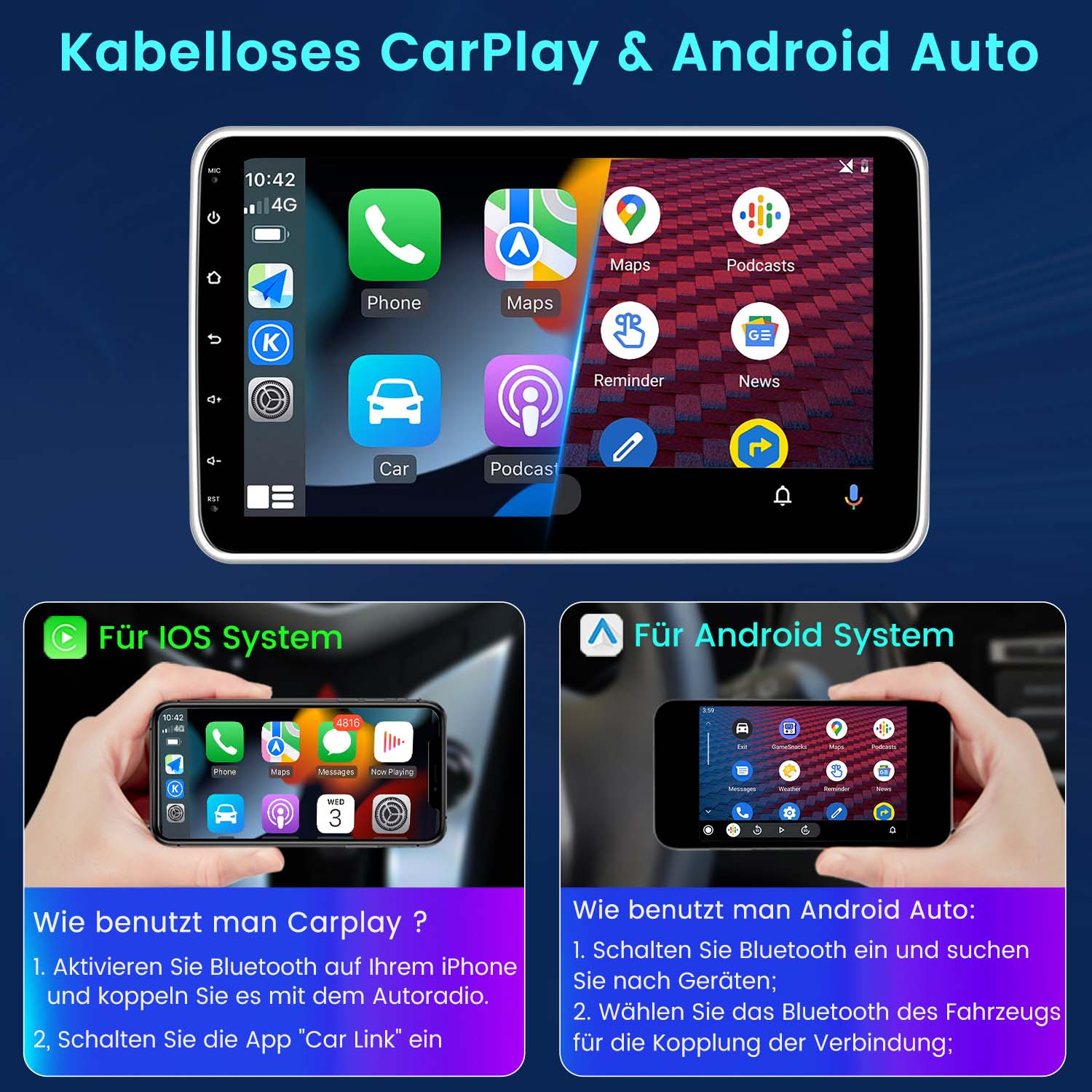 Ekran radia samochodowego z aplikacjami. Poniżej, dłonie trzymające telefony z CarPlay i Android Auto.