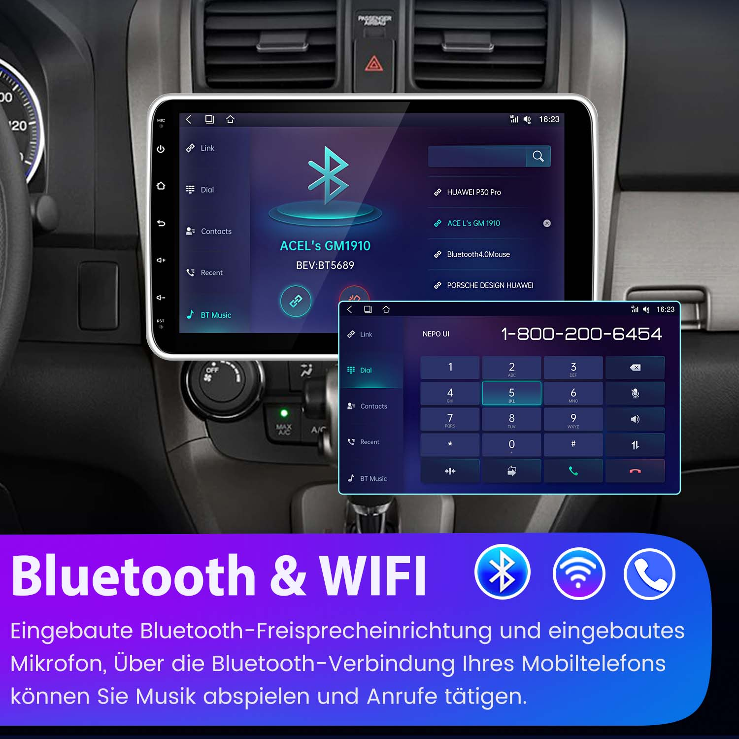 Ekran samochodowego systemu informacyjno-rozrywkowego pokazujący ustawienia Bluetooth i klawiaturę numeryczną.