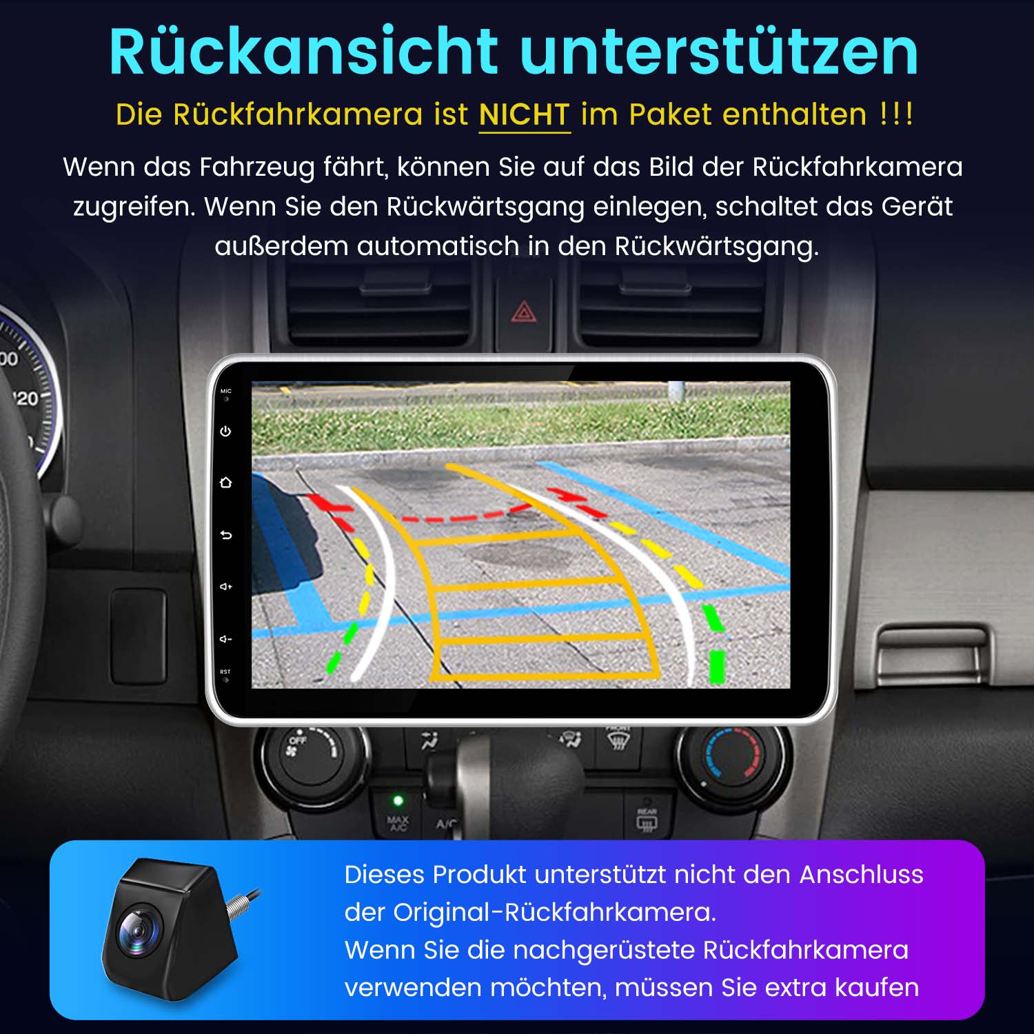 Ekran deski rozdzielczej samochodu wyświetlający mapę z nawigacją GPS i wskazówkami kamery cofania.