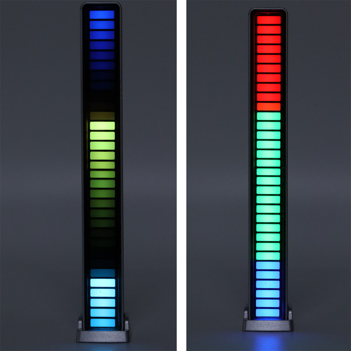 Zwei LED-Lichtleisten, eine zeigt blaue, grüne und gelbe Lichter und die andere rote, grüne und blaue.