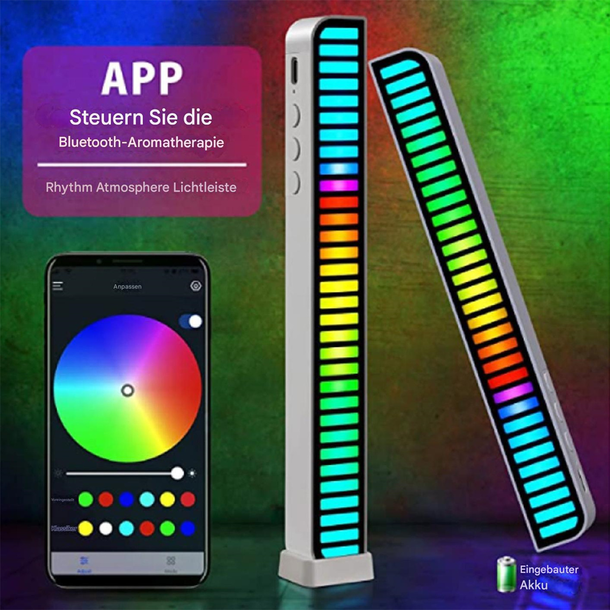 LED-Lichtleisten mit Farbanzeige, gesteuert von einer App auf einem Telefon, mit einem Akkusymbol.