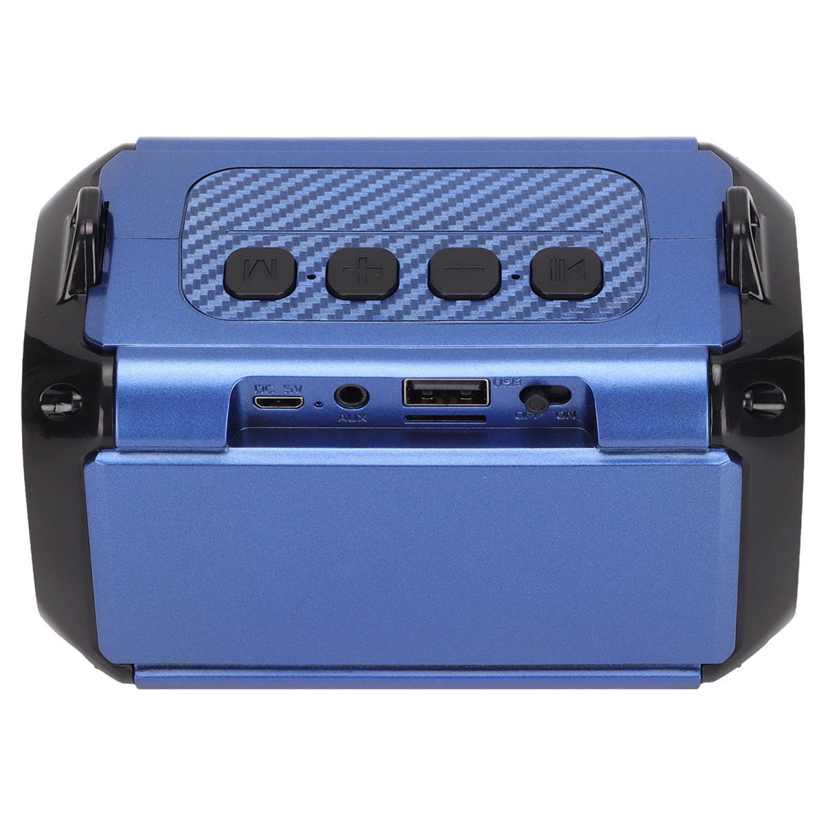 Blau-schwarzer Lautsprecher mit Knöpfen, Anschlüssen und USB, auf weißer Oberfläche.