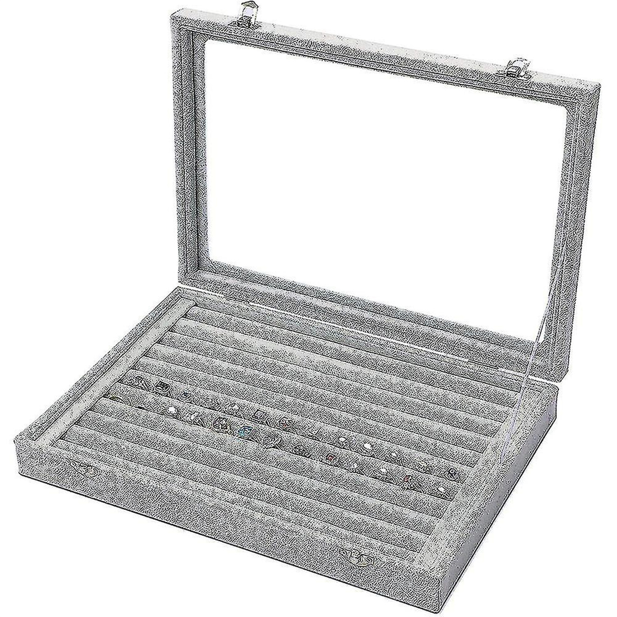 Eine graue Schmuckschatulle mit Glasdeckel und Samtinnenraum.