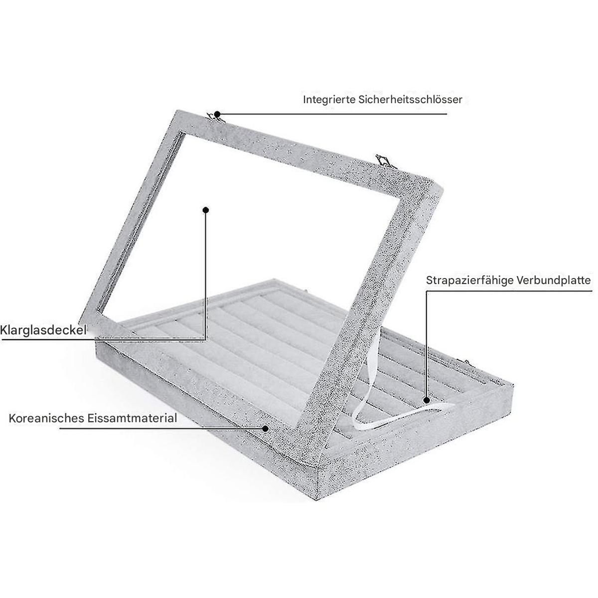 Schmuckvitrine geöffnet, grau, mit durchsichtigem Glasdeckel. Beschriftungen auf Deutsch.