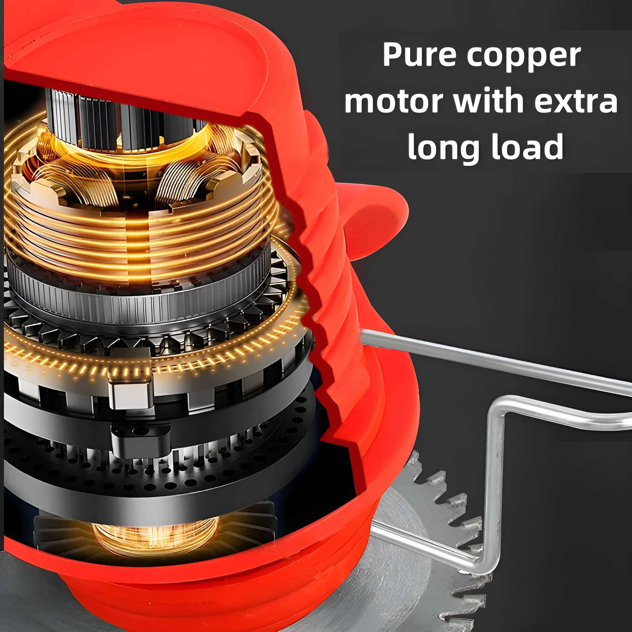 Querschnittsansicht eines roten Motors, der interne Komponenten und ein silbernes Sägeblatt zeigt.