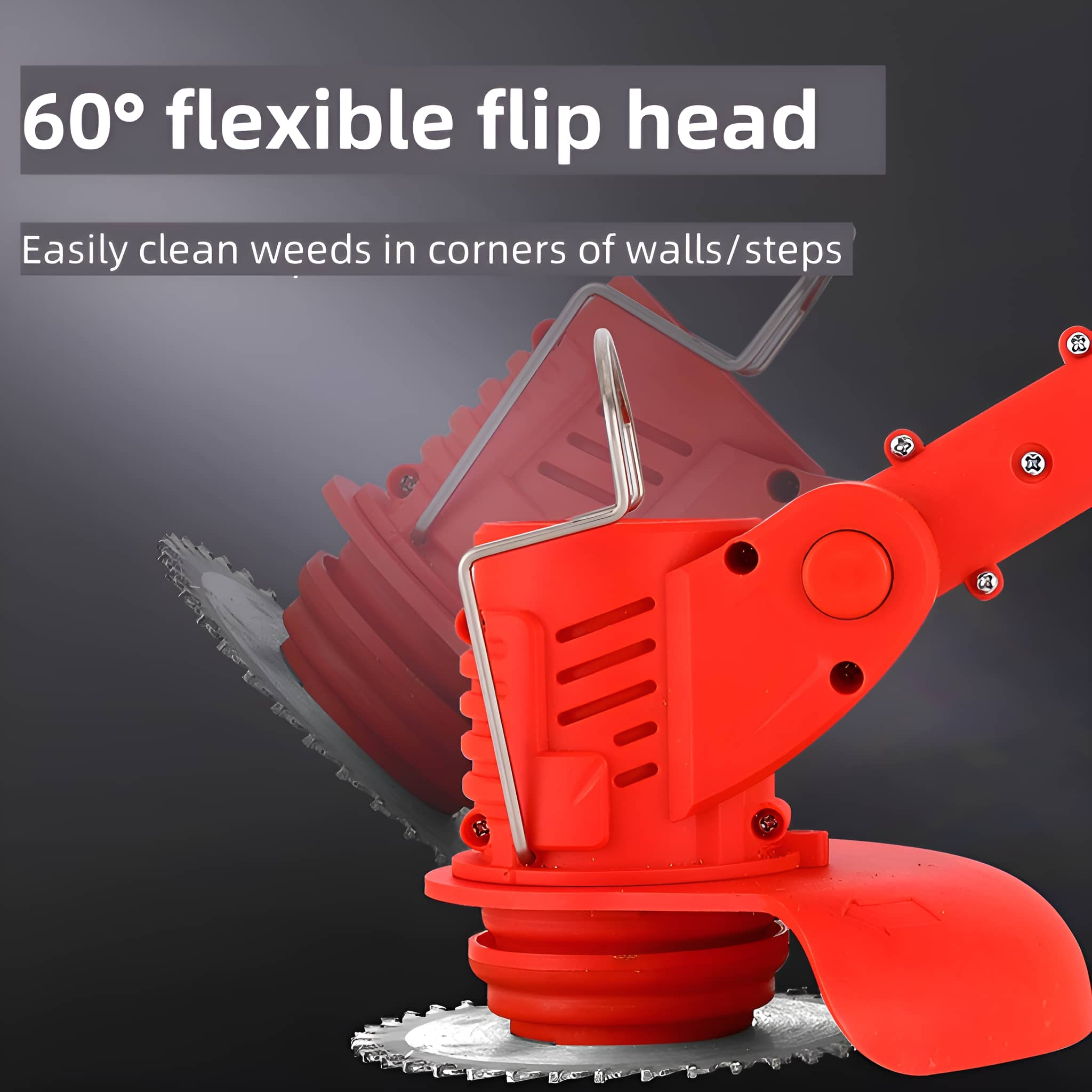 Roter Rasentrimmer mit rotierendem Messer. Text: 60° flexibler Klappkopf.