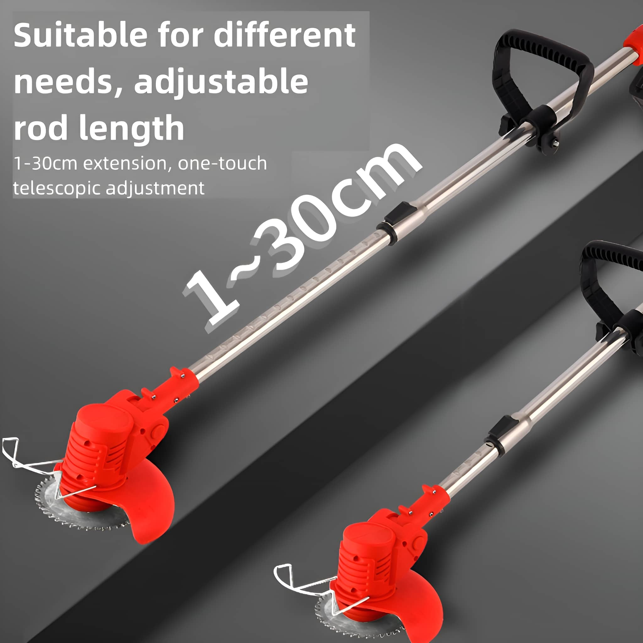 Roter und silberner Rasentrimmer mit verstellbarer Stange, auf Weiß.