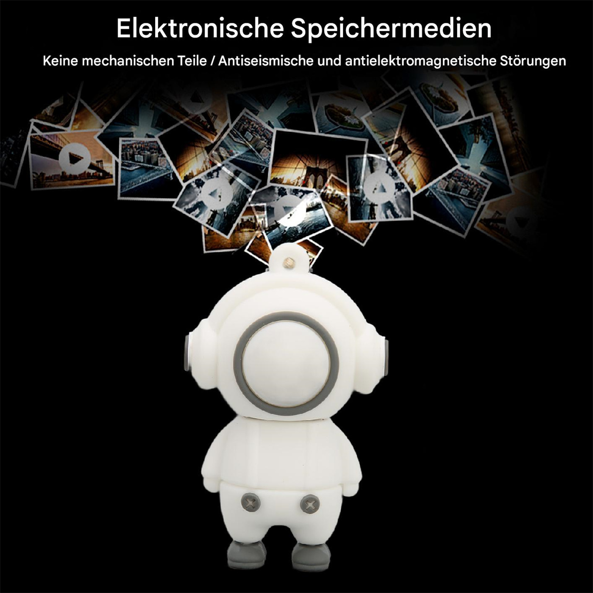 Weißer USB-Stick in Astronautenform vor schwarzem Hintergrund mit schwebenden Foto-Symbolen.