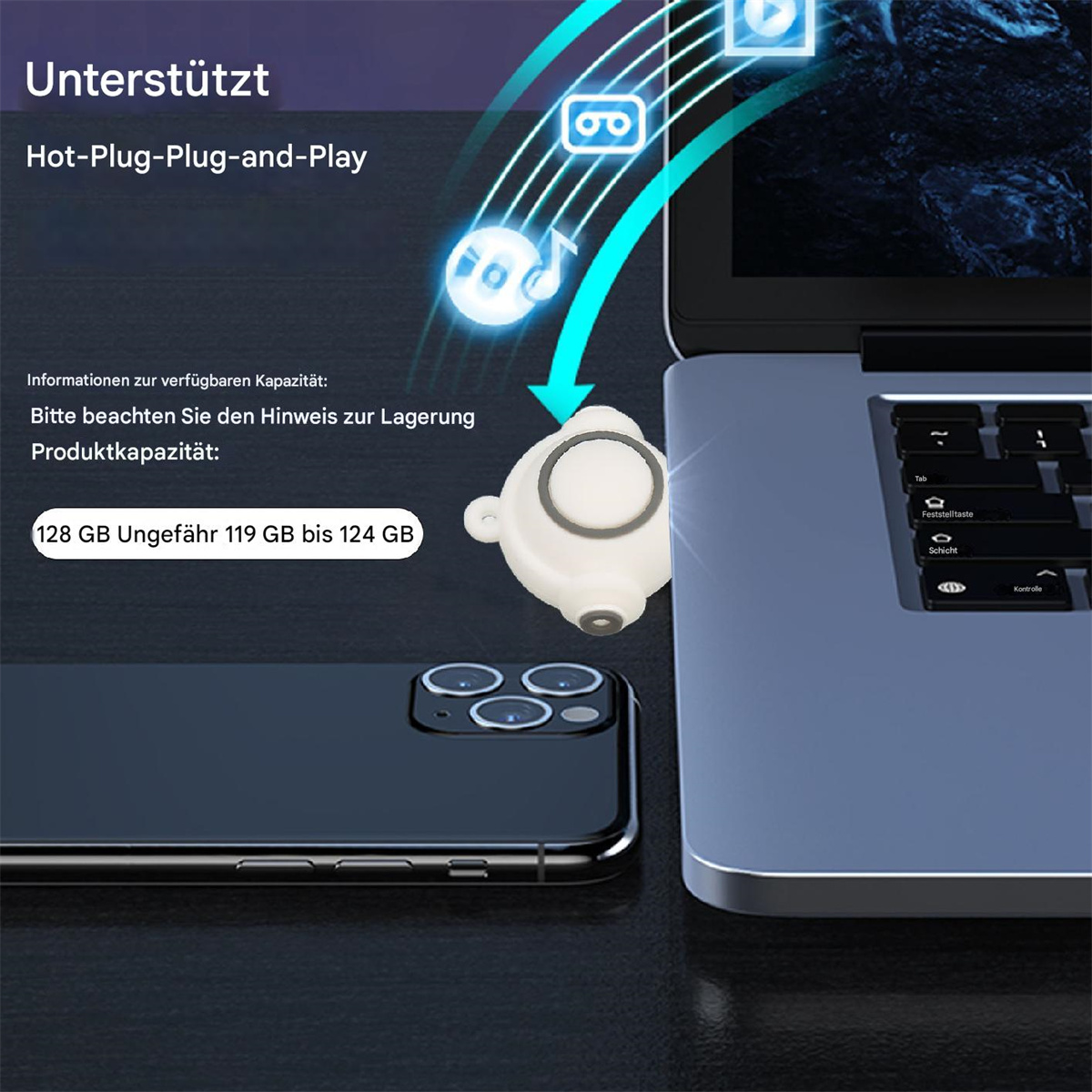 Weißes Gerät mit USB-Anschluss und Telefon neben einem Laptop. Text über Speicherkapazität.