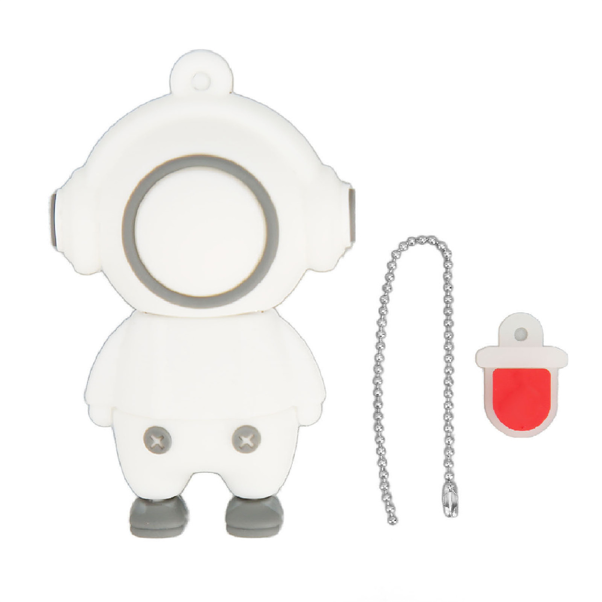 Weißer, cartoonartiger USB-Stick in Astronautenform mit Kette und rotem Anhänger.