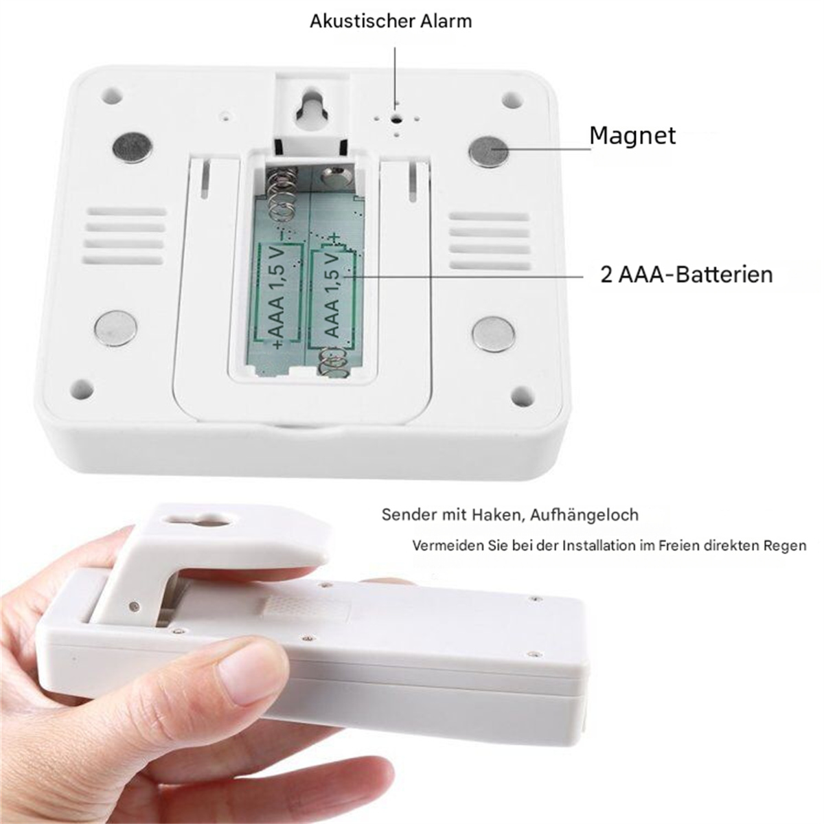 Weißes Gerät mit Batterien, beschriftet: Akustischer Alarm, Magnet, 2x AAA-Batterien