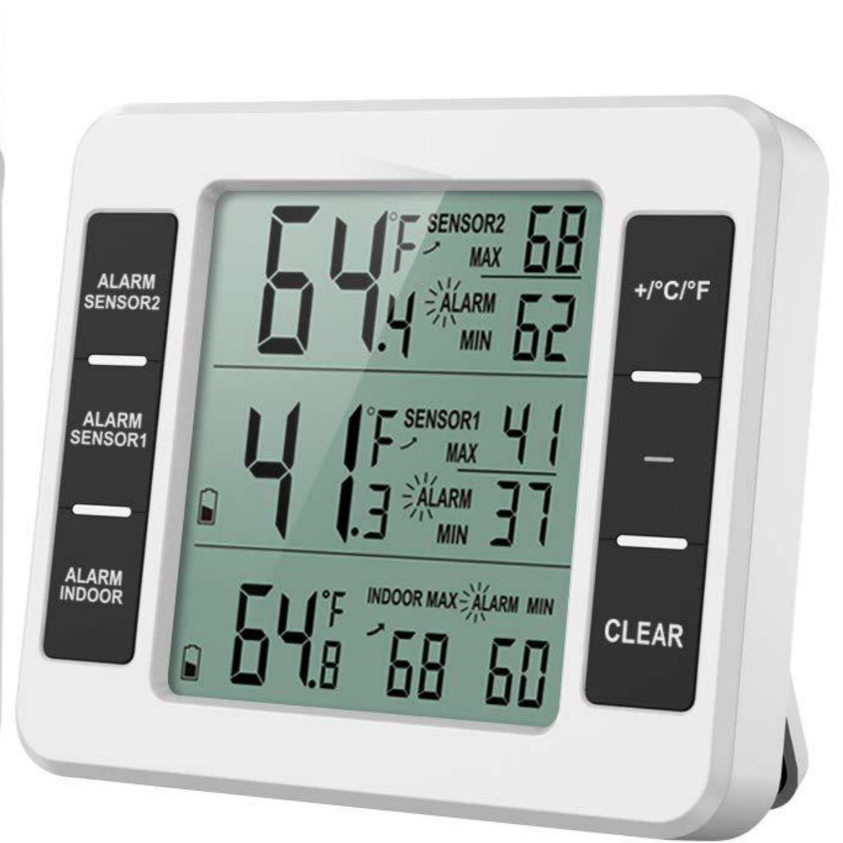 Ein weißes digitales Thermometer zeigt Temperaturmesswerte an.