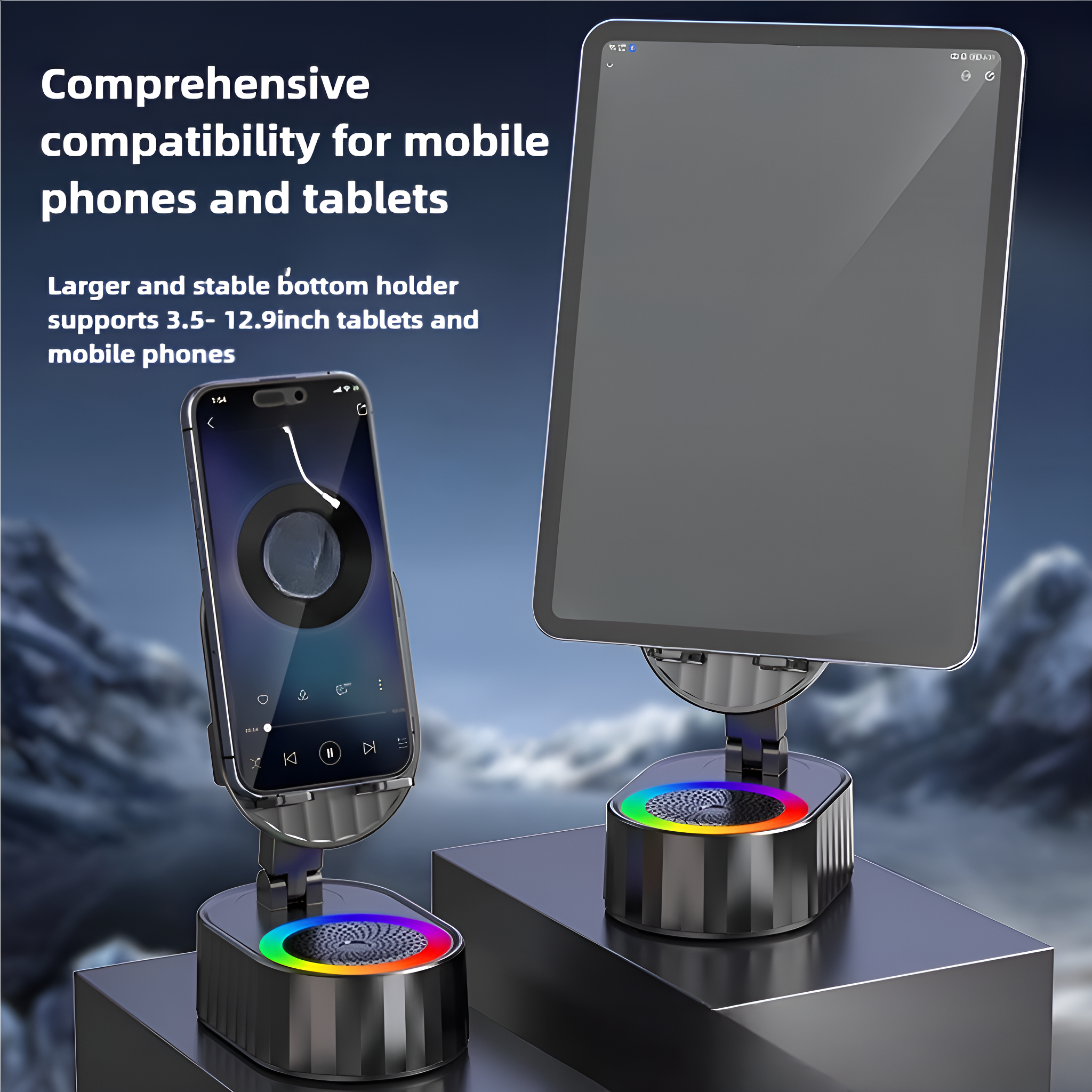 Zwei Halterungen mit Telefonen und Tablets. Die Halterungen sind schwarz mit Regenbogenlichtern.