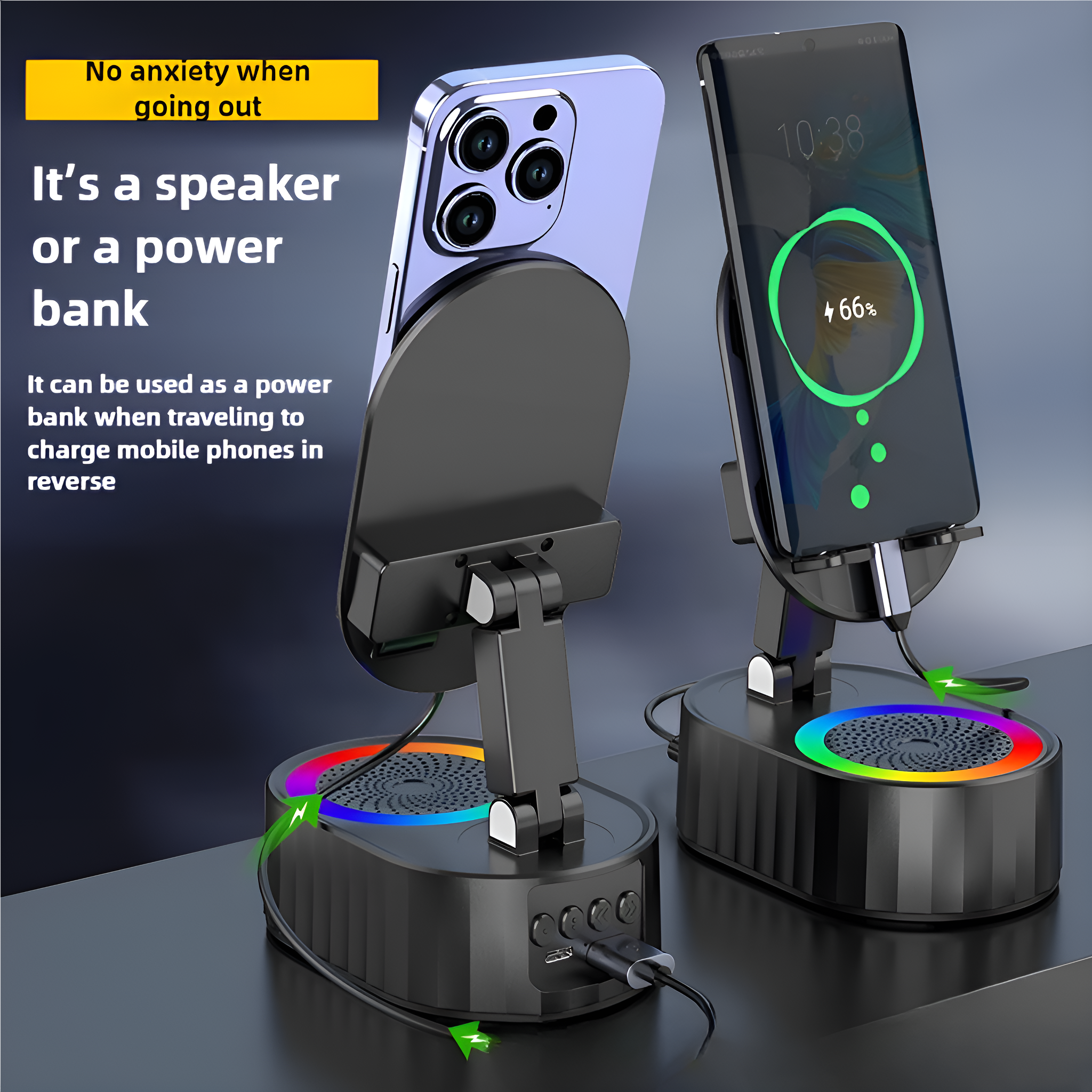 Zwei schwarze Lautsprecher-Powerbank-Geräte. Sie haben bunte Lichter.