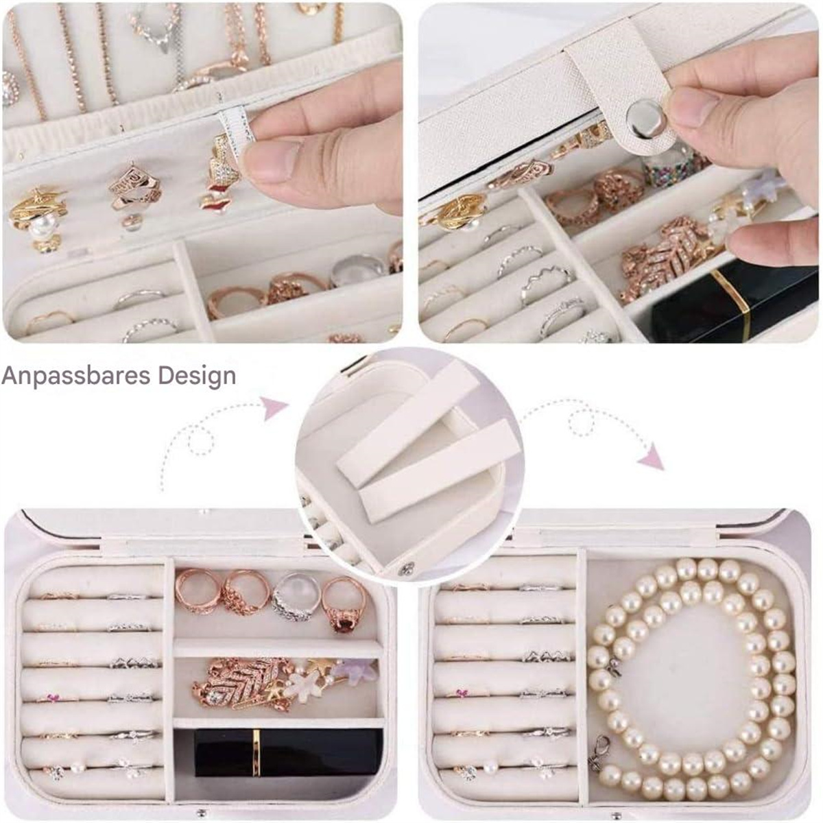 Schmuck-Organizer, offen. Zeigt Ringe, Halsketten und andere Artikel. Draufsicht.