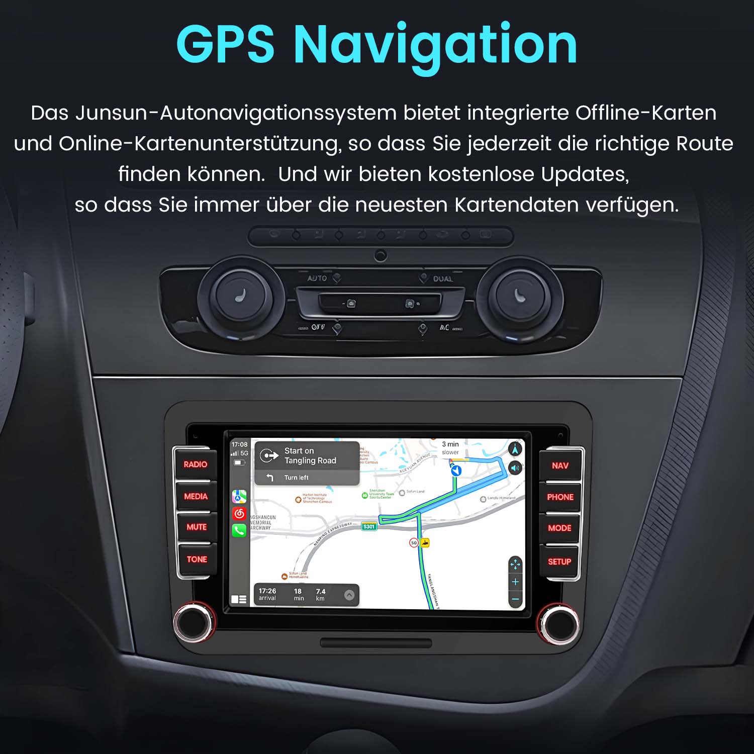 Deska rozdzielcza samochodu z ekranem nawigacji GPS wyświetlającym mapę trasy.