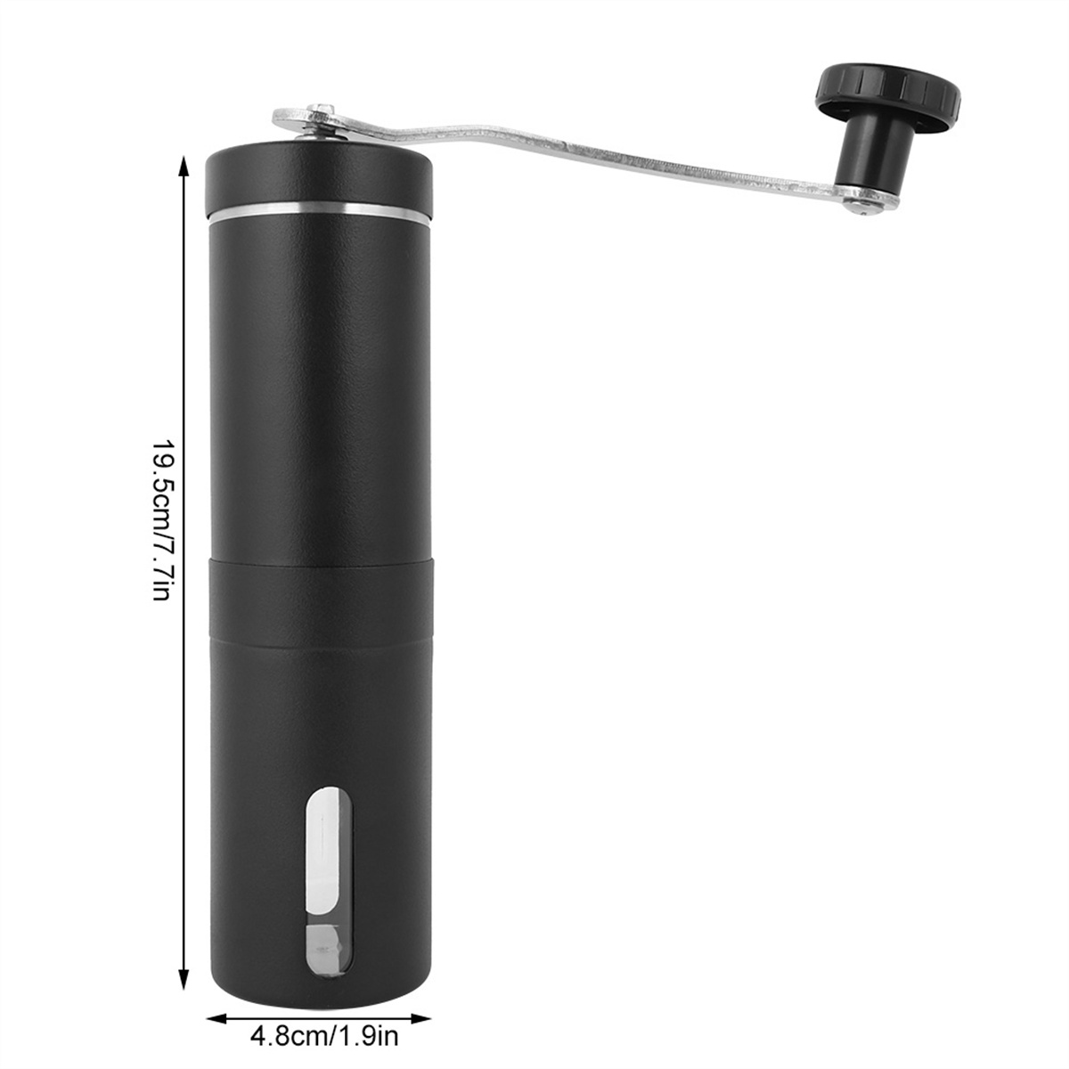 Eine schwarze manuelle Kaffeemühle mit einem Griff. Es hat ein zylindrisches Design und Messungen an der Seite.