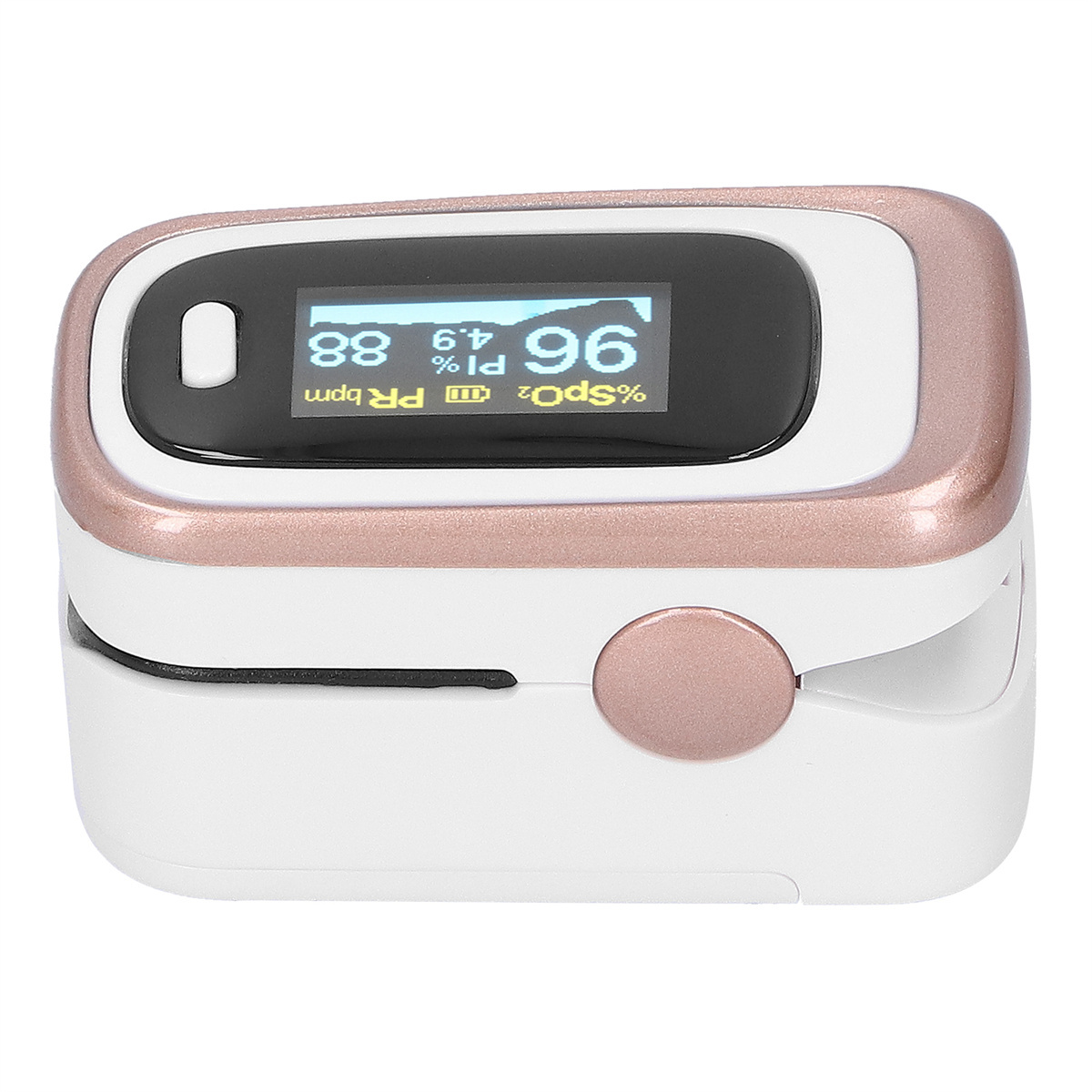 Ein rosa-weißes Pulsoximeter mit digitaler Anzeige. Zeigt den SpO2-Wert und die Pulsfrequenz.