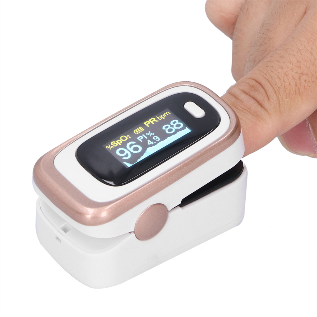 Ein Finger mit einem Pulsoximeter. Das Gerät zeigt SpO2- und Pulswerte an.